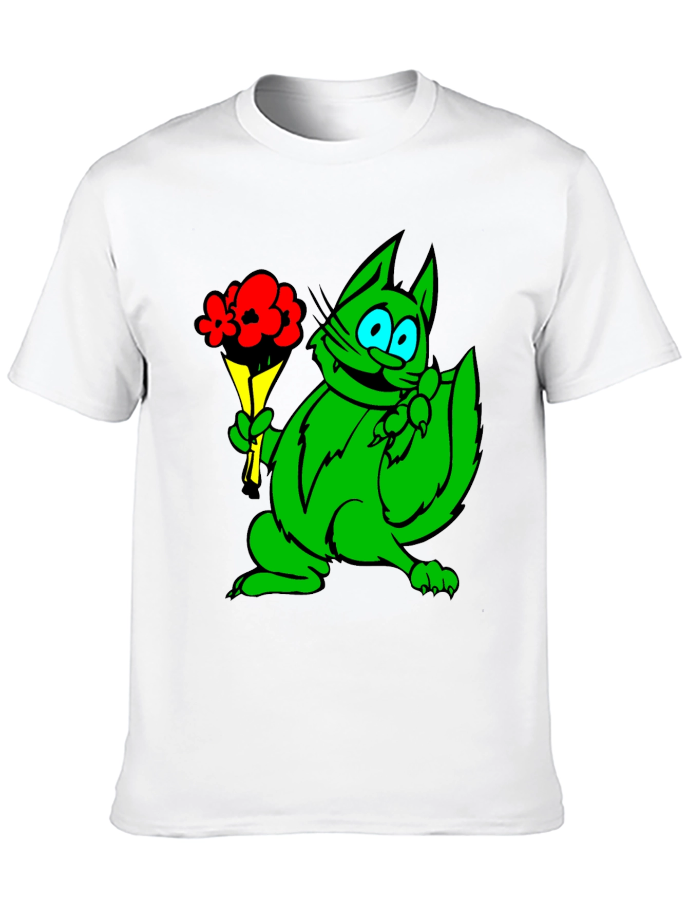 Green Cat Bouquet Black T-Shirt