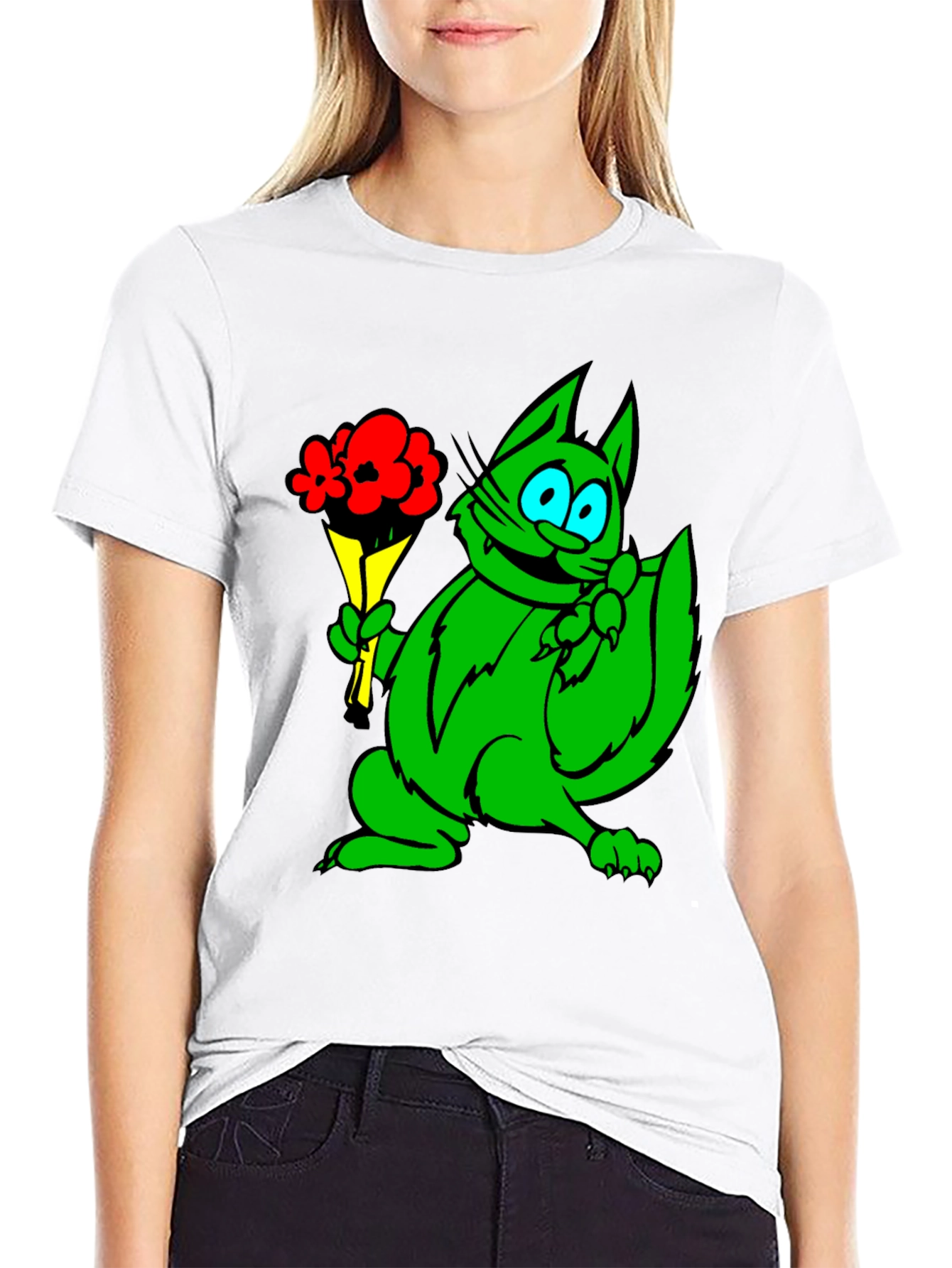 Green Cat Bouquet Black T-Shirt