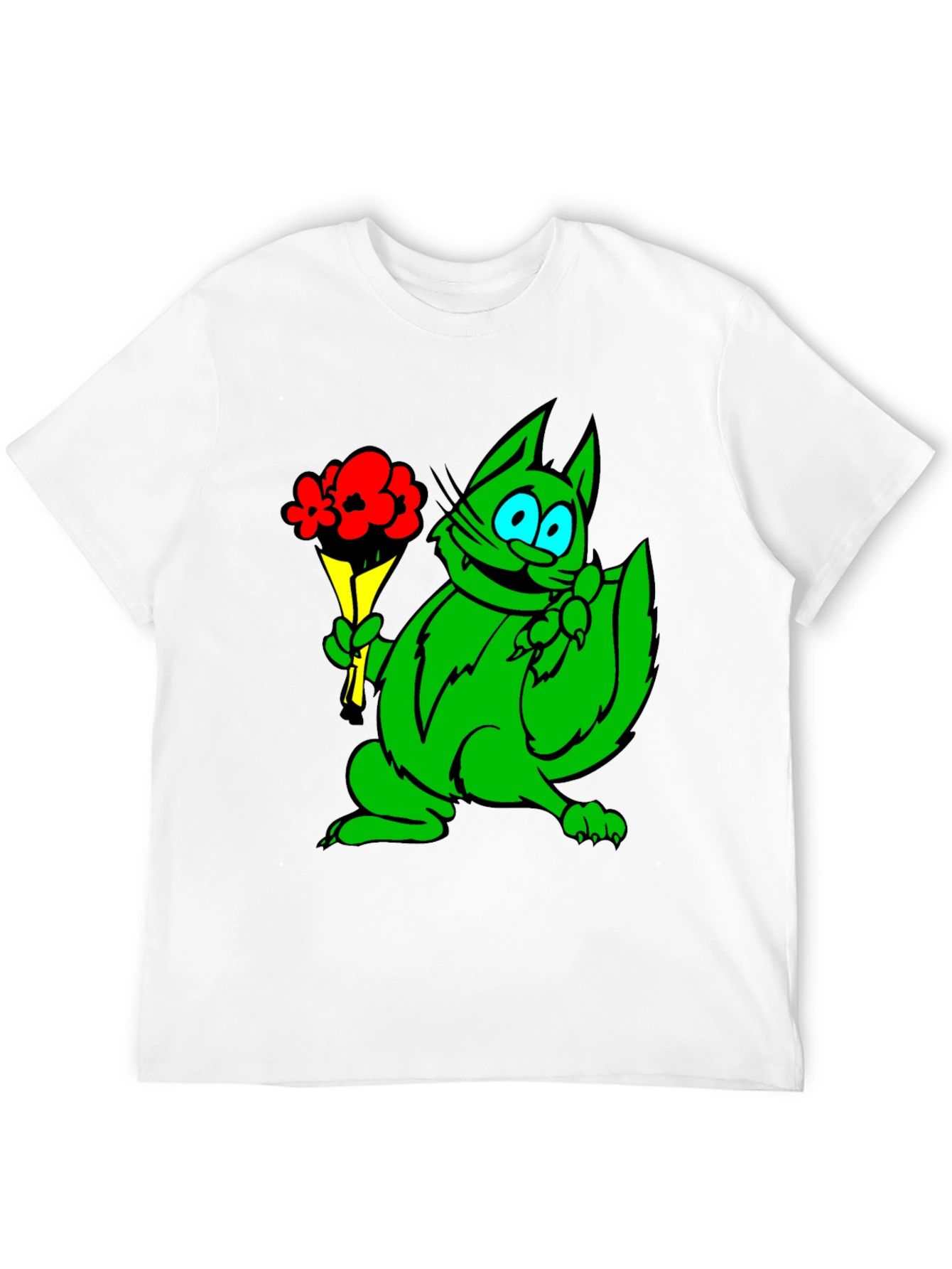 Green Cat Bouquet Black T-Shirt