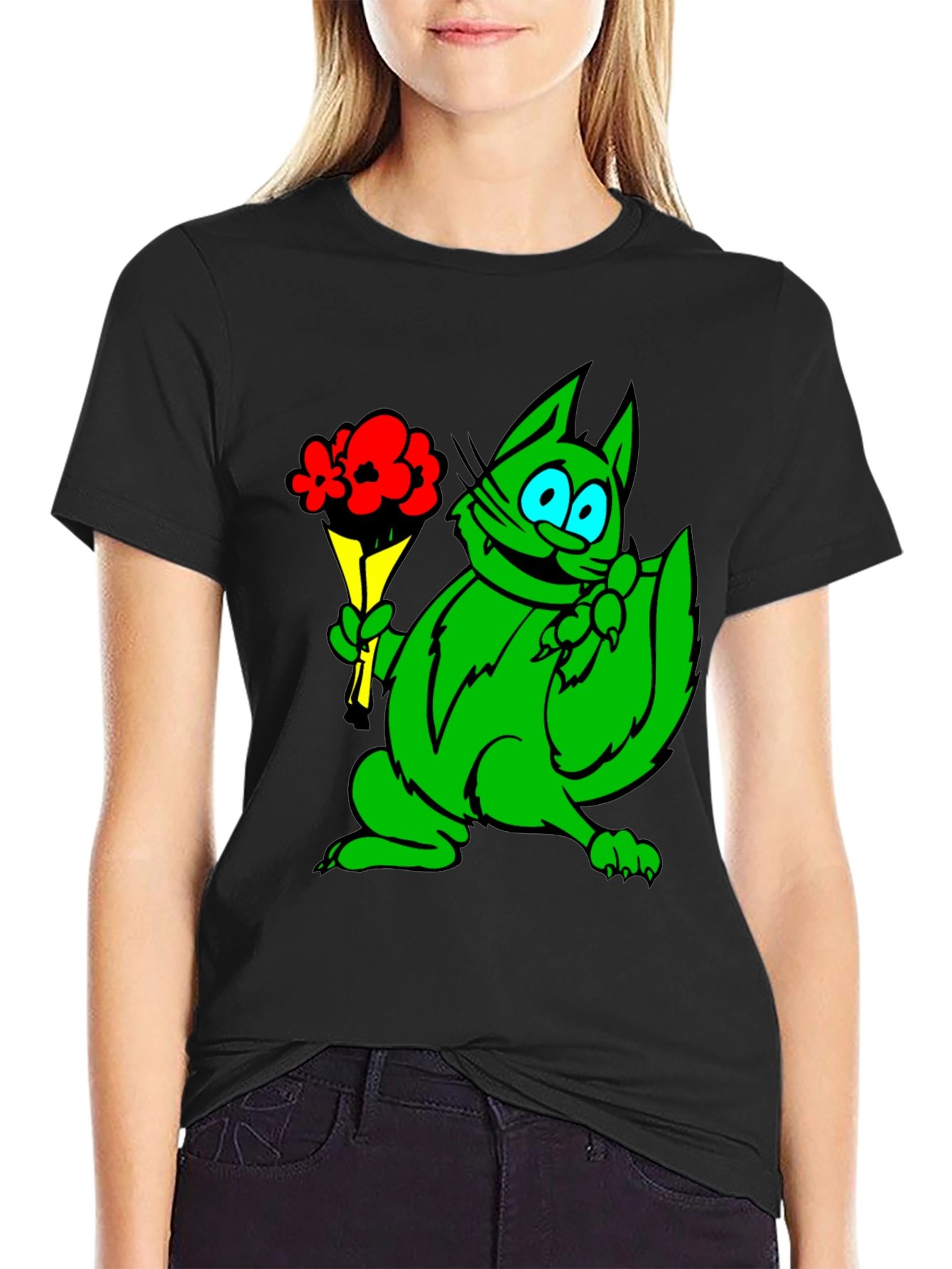 Green Cat Bouquet Black T-Shirt
