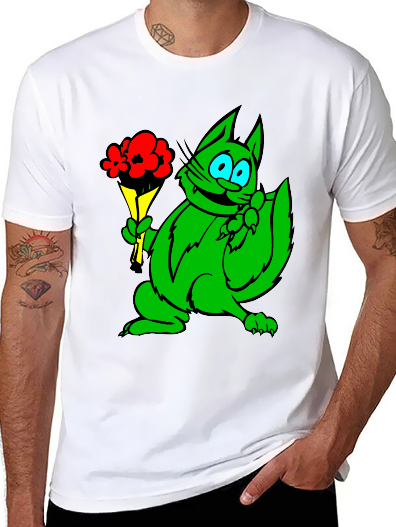 Green Cat Bouquet Black T-Shirt