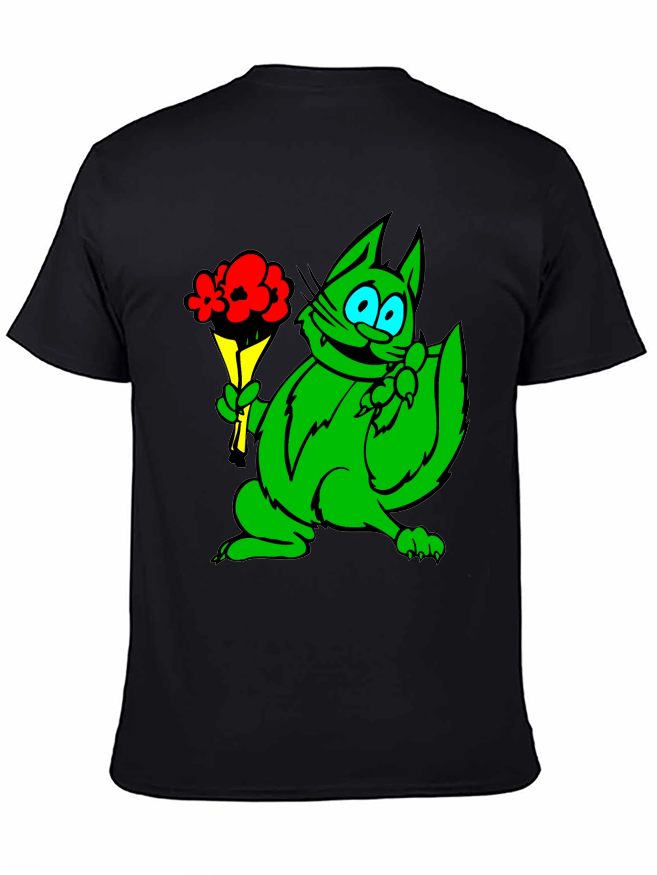 Green Cat Bouquet Black T-Shirt