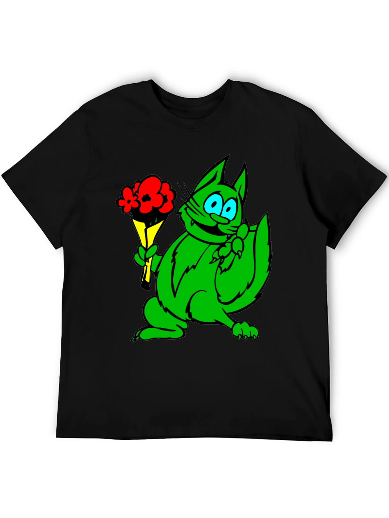Green Cat Bouquet Black T-Shirt