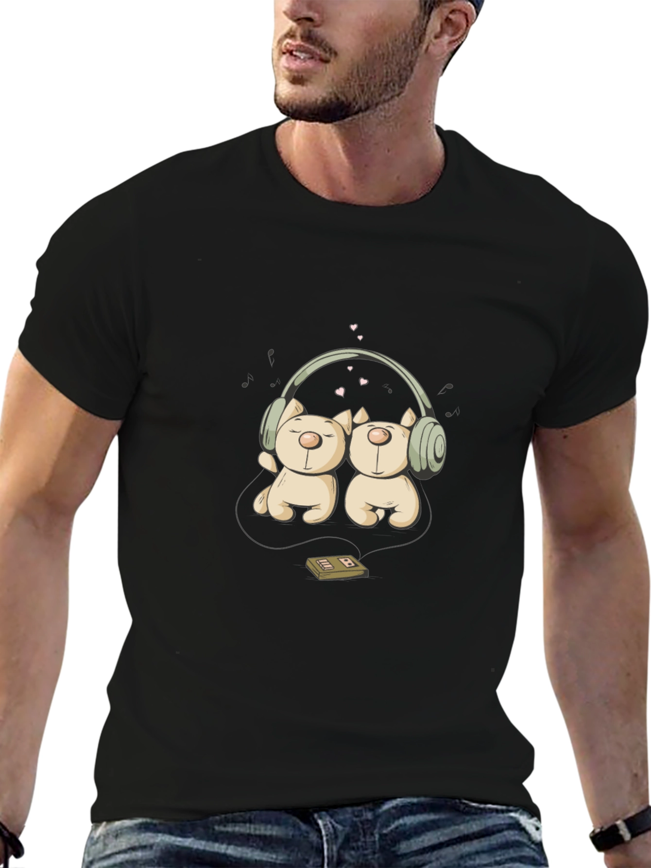 Cute Bear Couple Headphones Graphic Tee
