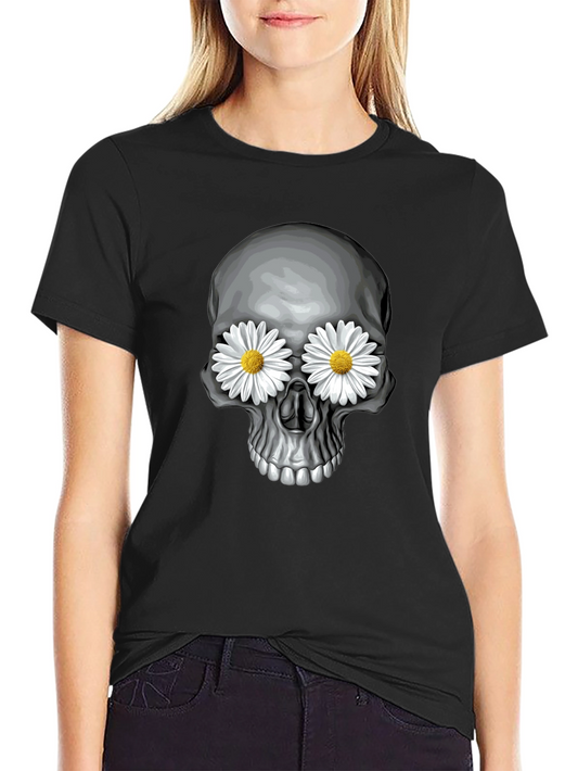 Skull with Daisy Eyes Graphic Tee - Black