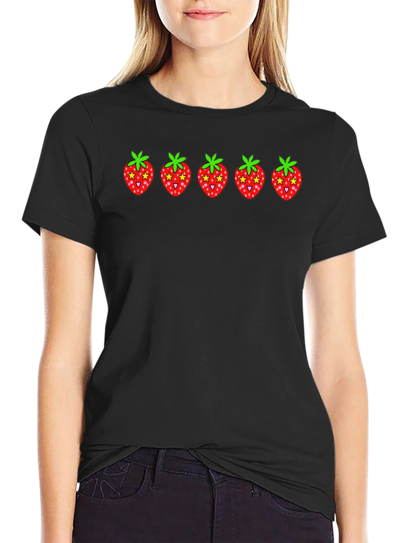 Strawberry Print Black Cotton T-Shirt