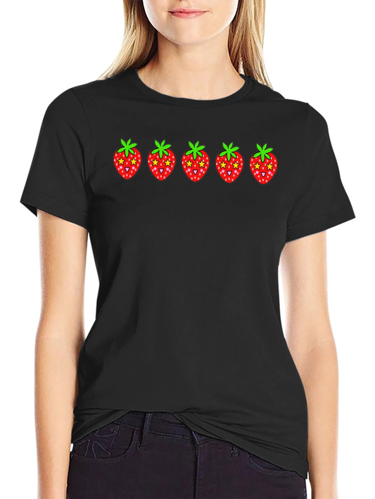 Strawberry Print Black Cotton T-Shirt