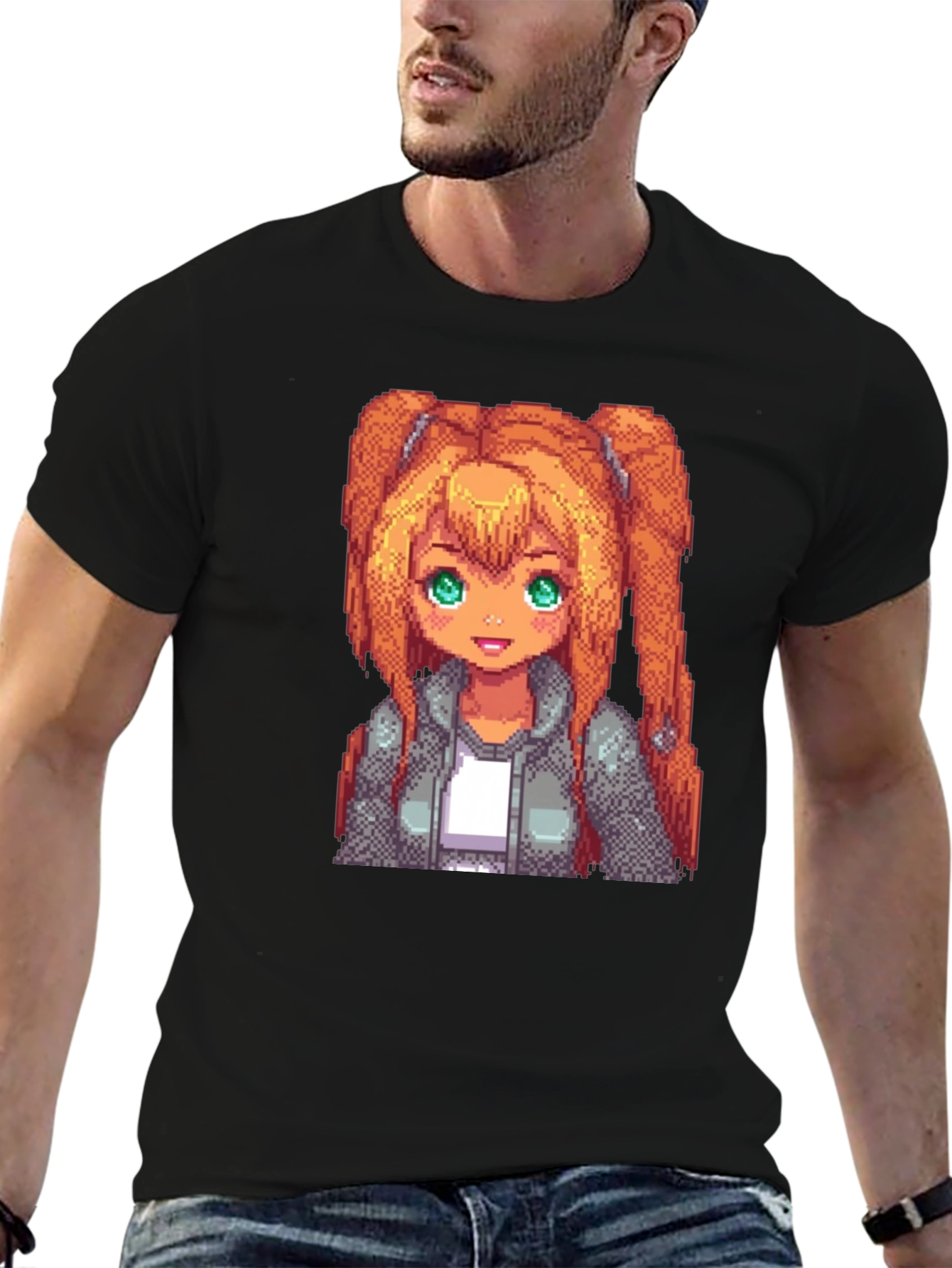 Pixel Anime Girl Graphic Tee - Black