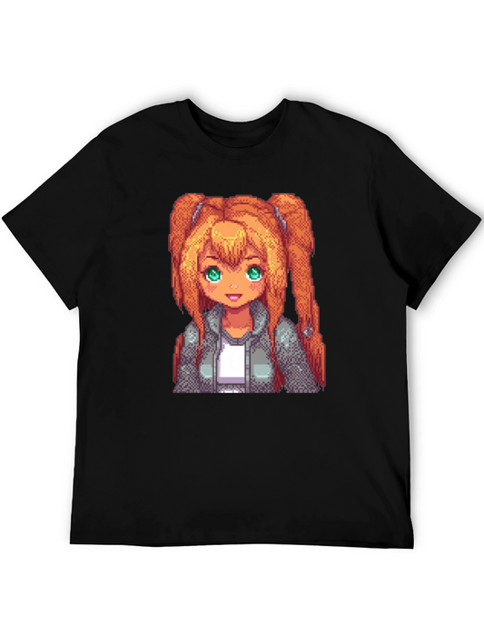 Pixel Anime Girl Graphic Tee - Black