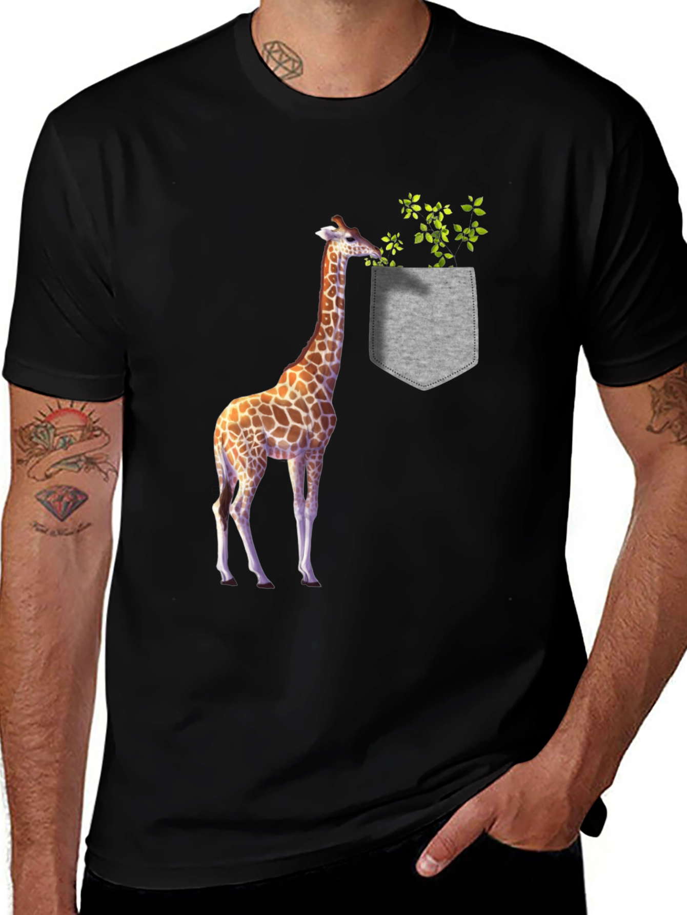 Giraffe Pocket Graphic Tee - Novelty Mens T-Shirt