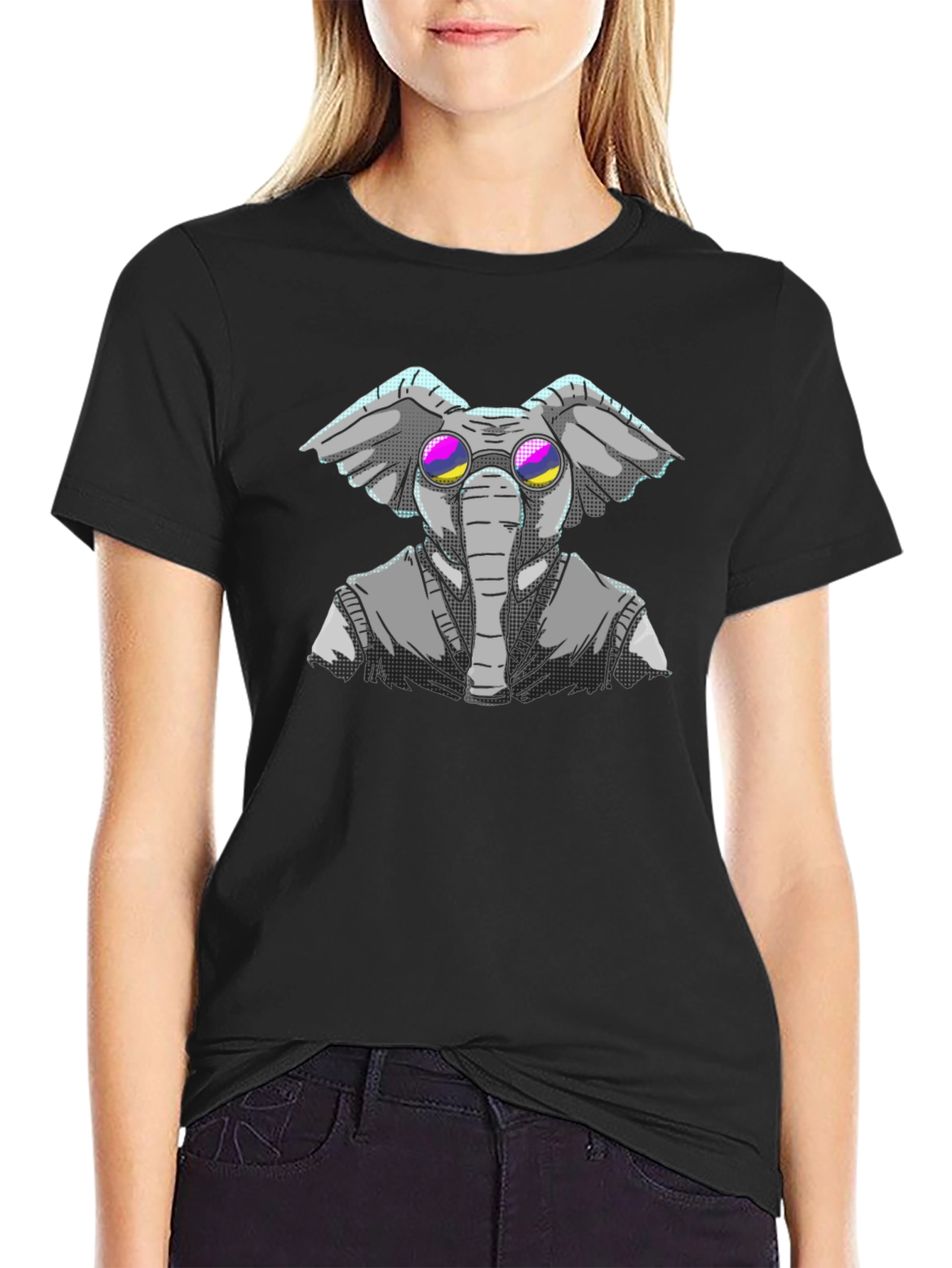 Elephant with Glasses Graphic Tee - Black
