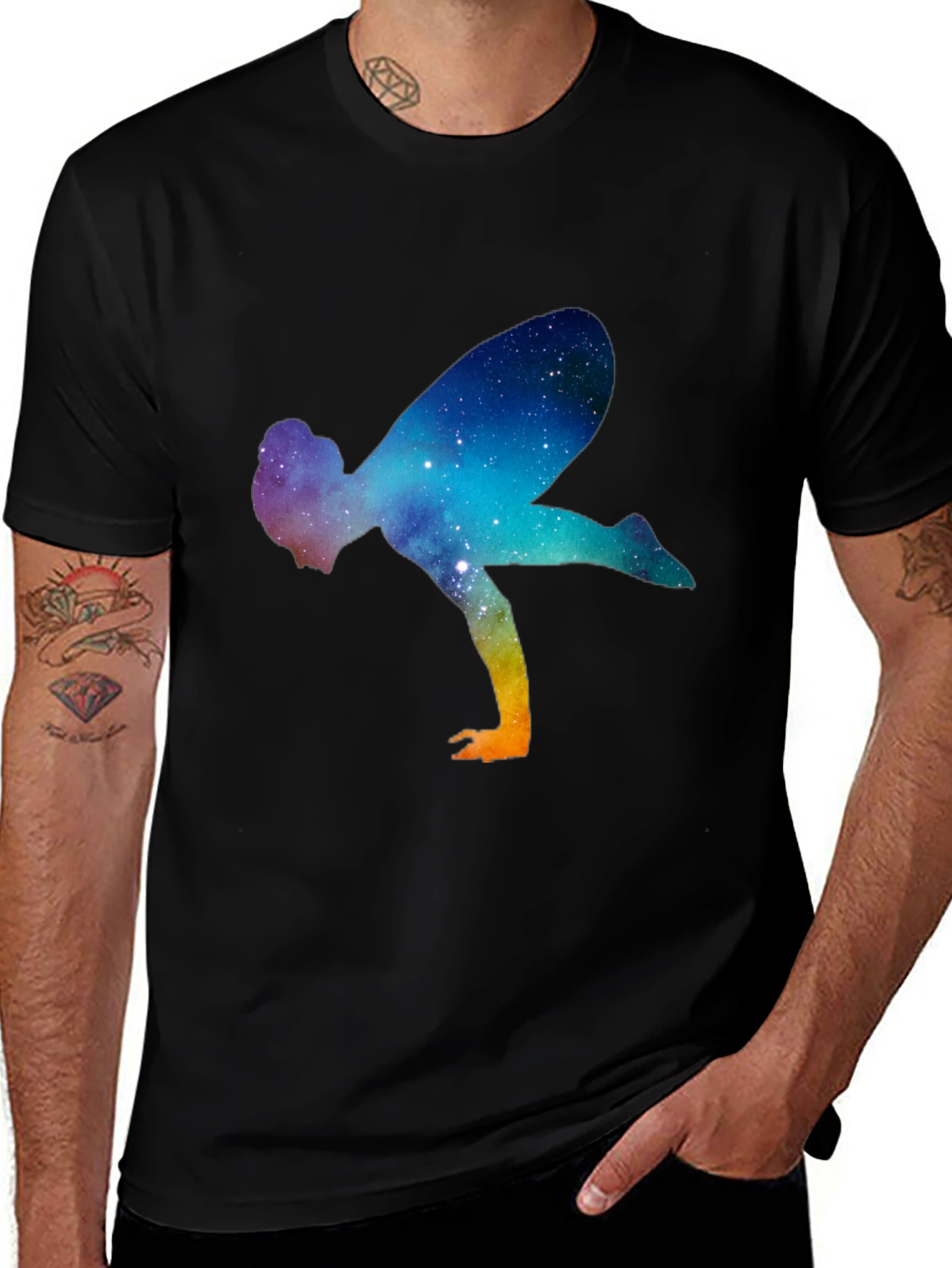 Galaxy Yoga Pose Mens Black T-Shirt