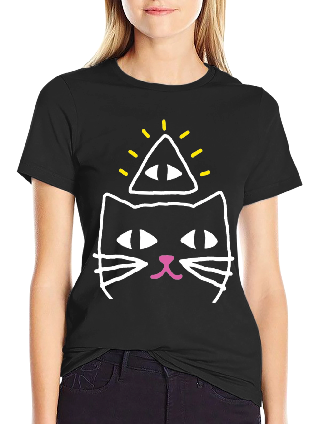 Illuminati Cat Graphic Tee - Black Cotton Blend