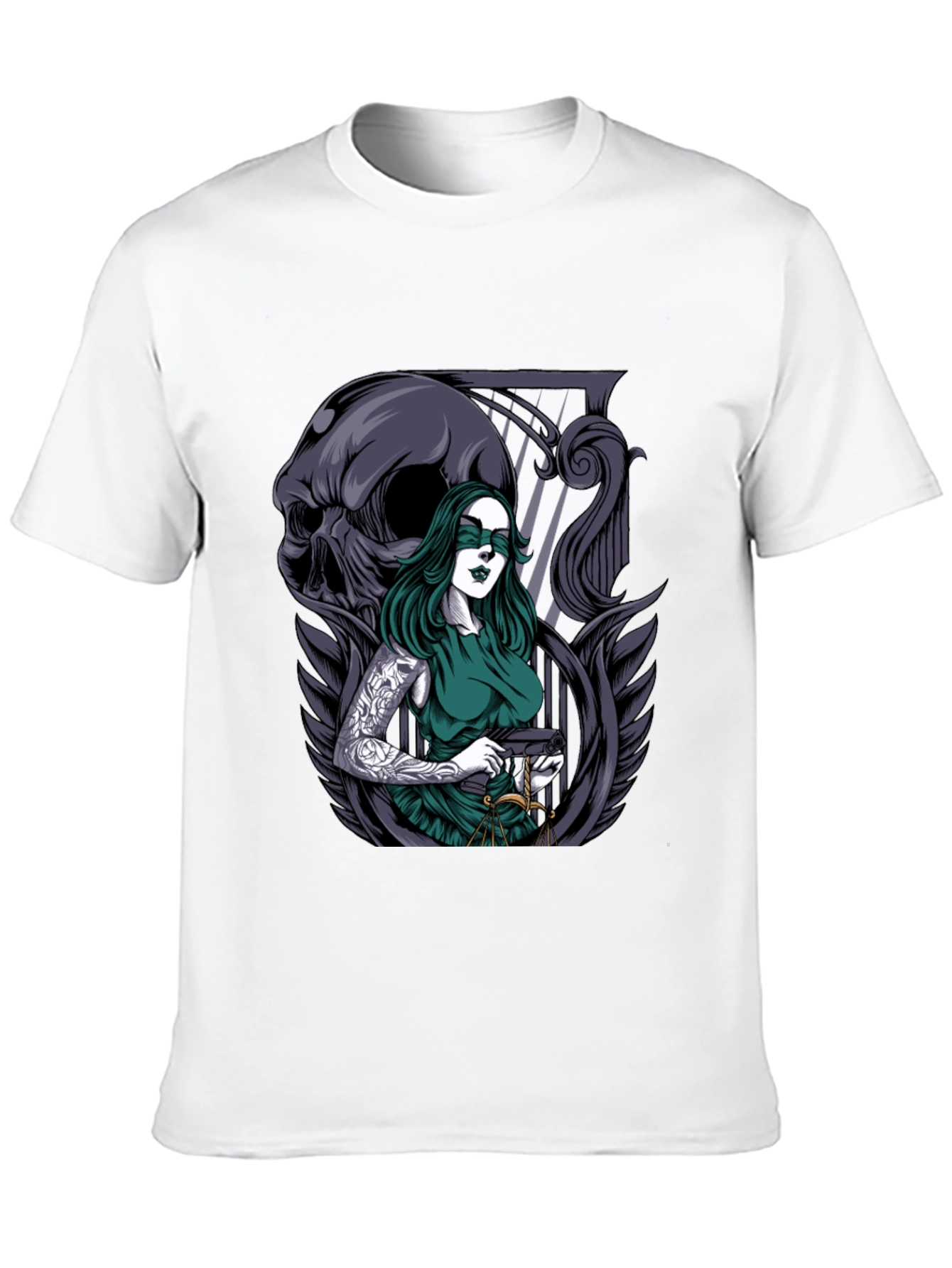 Lady Justice T-Shirt with Skull & Tattoo Graphic