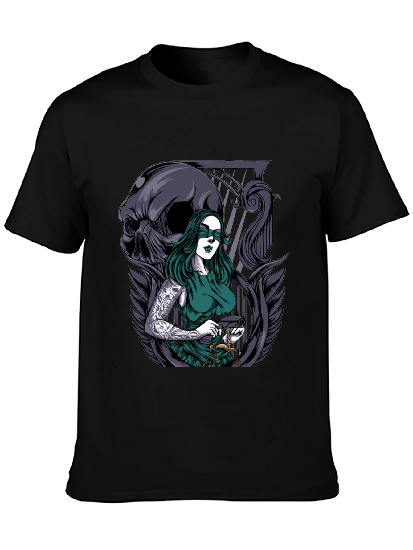 Lady Justice T-Shirt with Skull & Tattoo Graphic