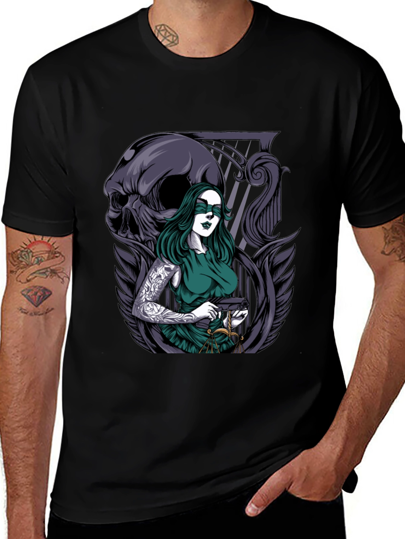 Lady Justice T-Shirt with Skull & Tattoo Graphic