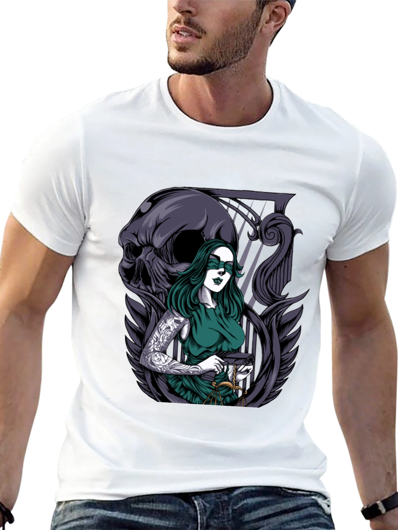 Lady Justice T-Shirt with Skull & Tattoo Graphic