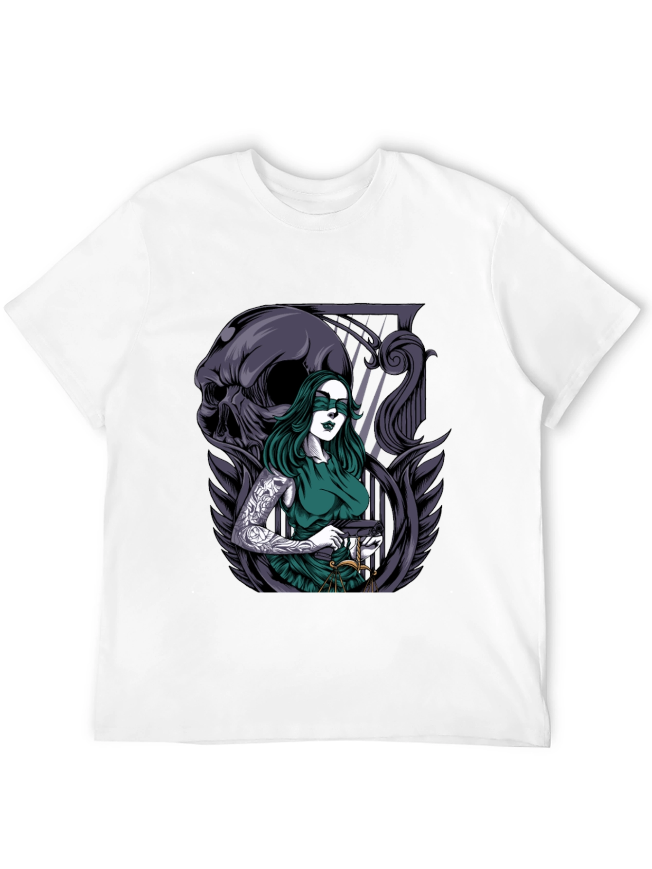 Lady Justice T-Shirt with Skull & Tattoo Graphic