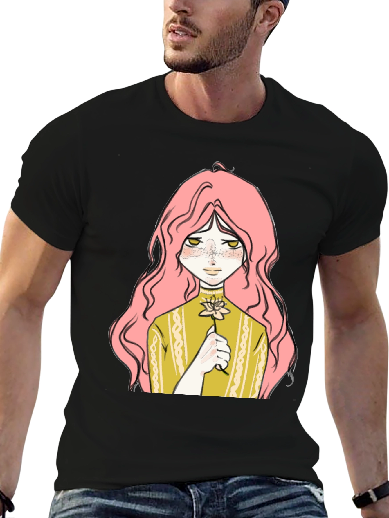 Anime Girl Flower Graphic Black T-Shirt
