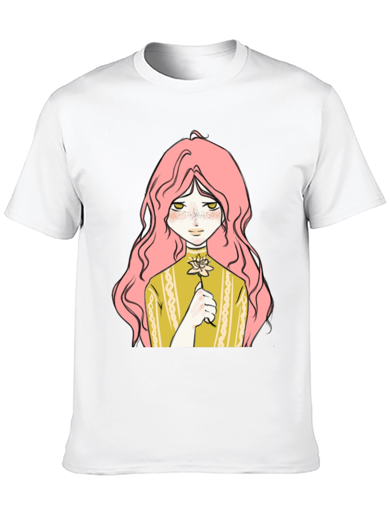 Anime Girl Flower Graphic Black T-Shirt