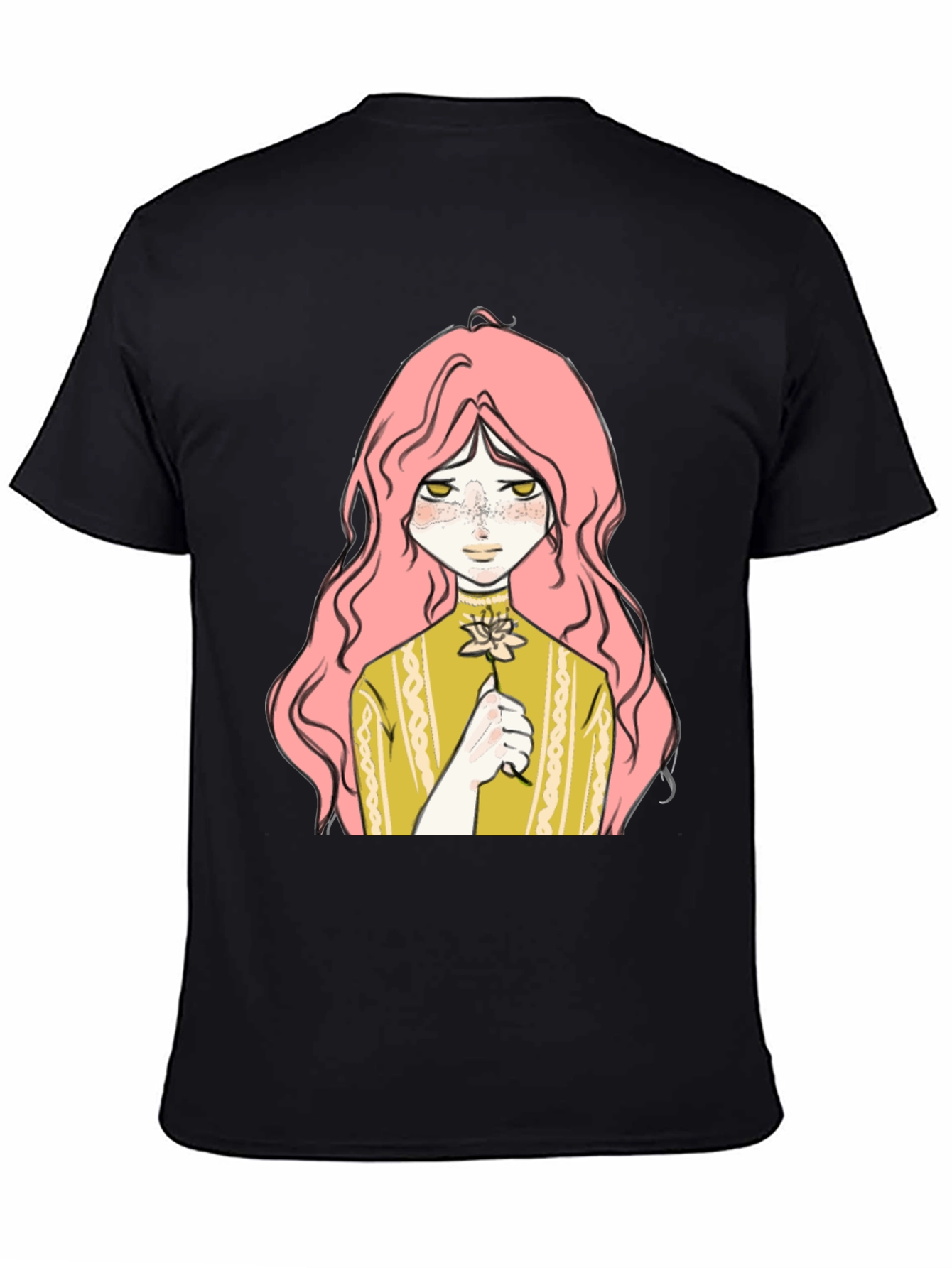 Anime Girl Flower Graphic Black T-Shirt
