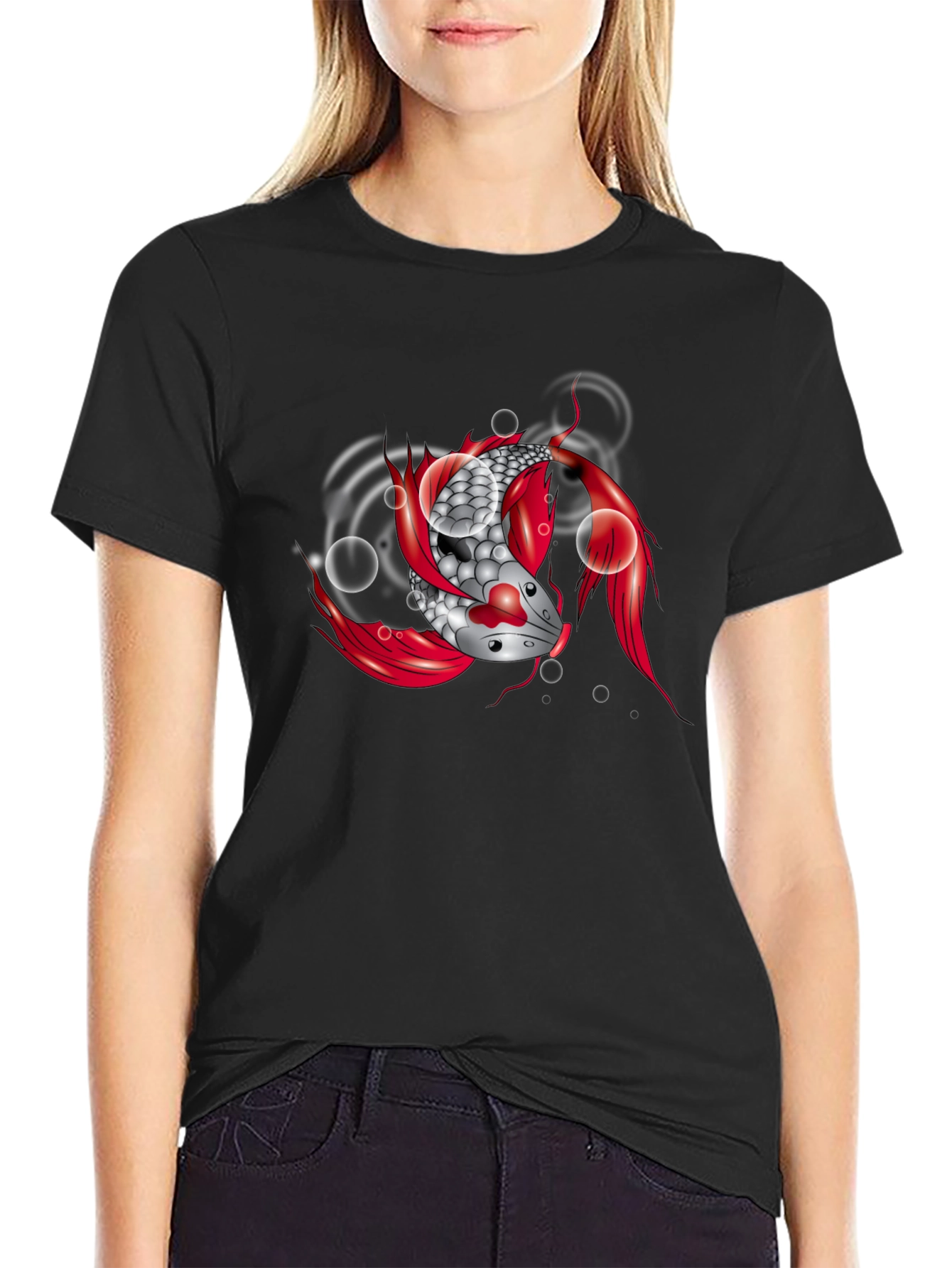Koi Fish Graphic Tee - Black Cotton T-Shirt