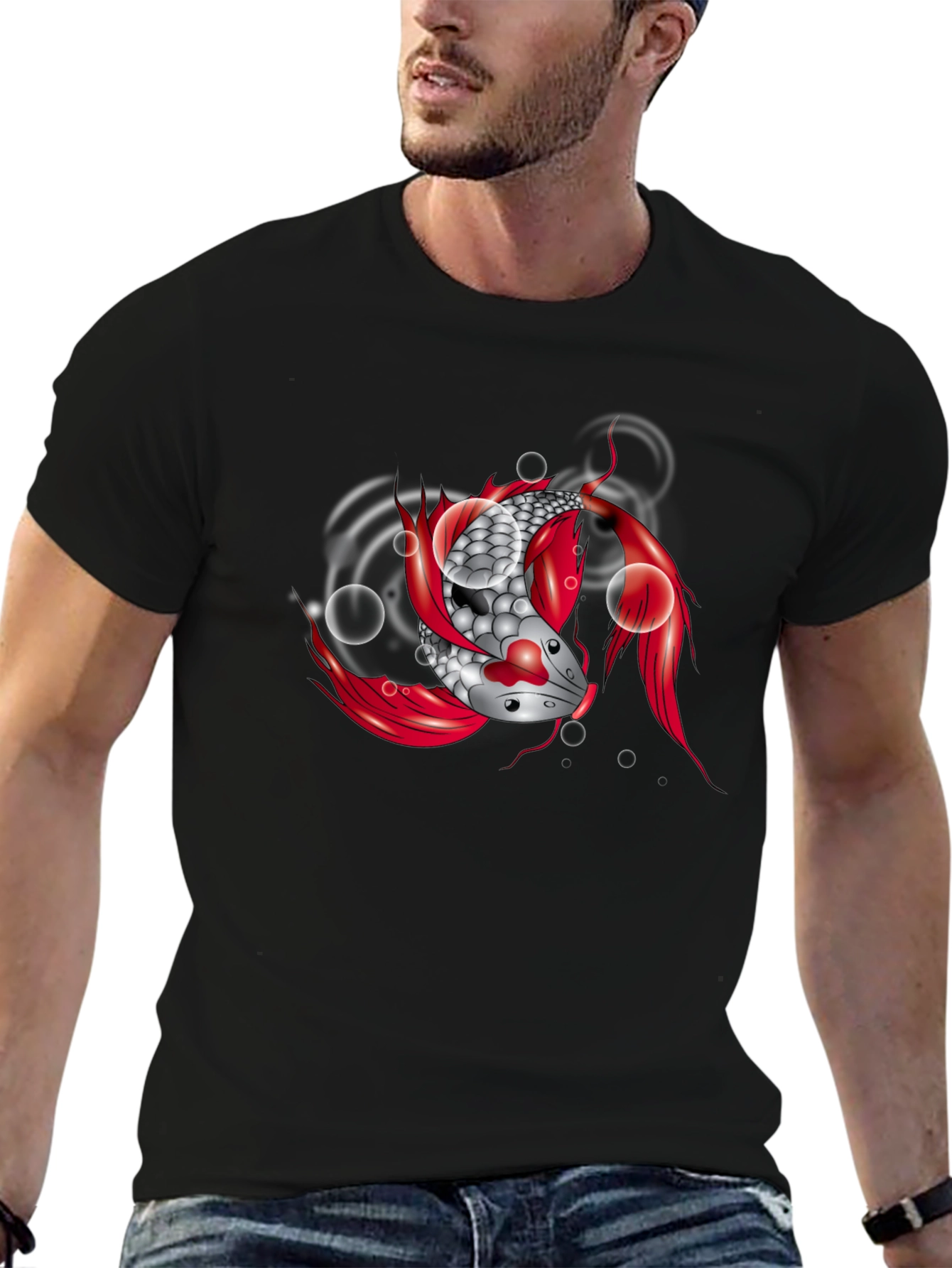 Koi Fish Graphic Tee - Black Cotton T-Shirt