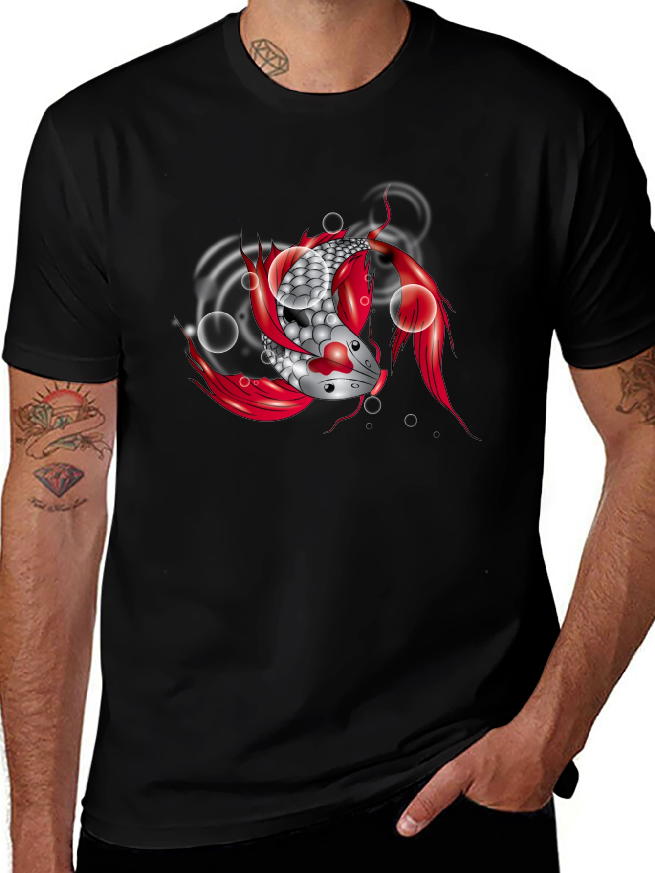 Koi Fish Graphic Tee - Black Cotton T-Shirt