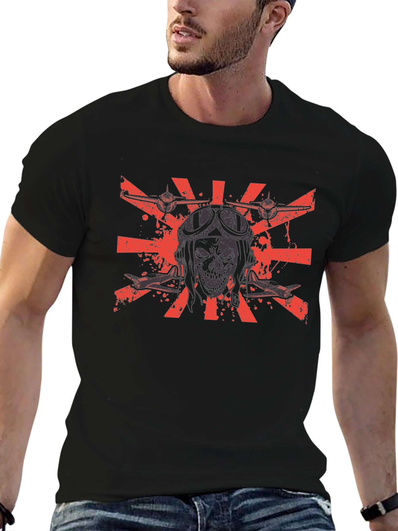 Pilot Skull Black T-Shirt - Flying Ace Design