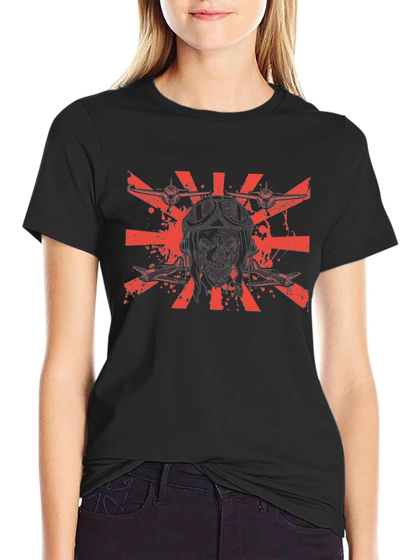 Pilot Skull Black T-Shirt - Flying Ace Design