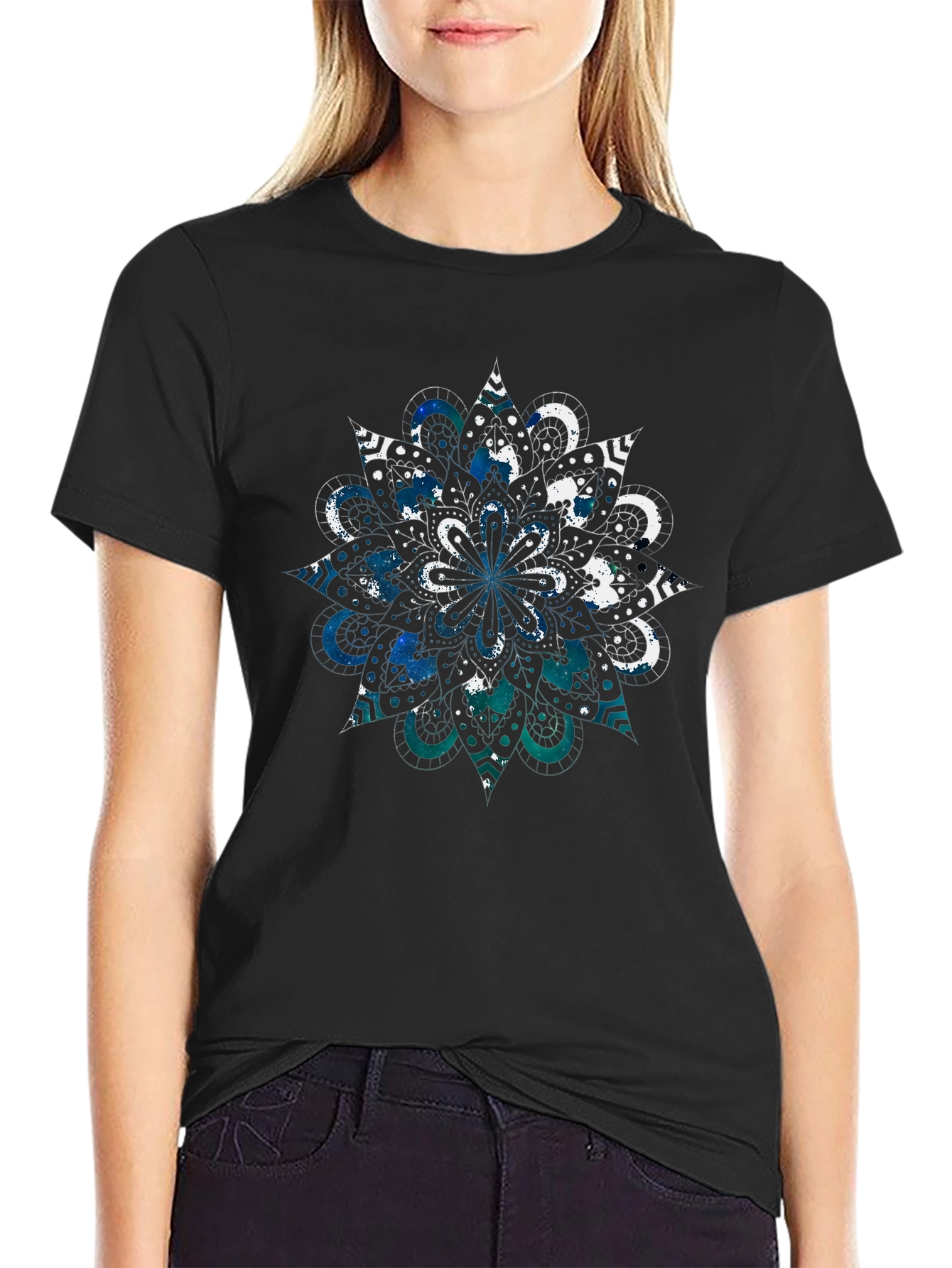 Cosmic Mandala Graphic Tee - Black Cotton Blend