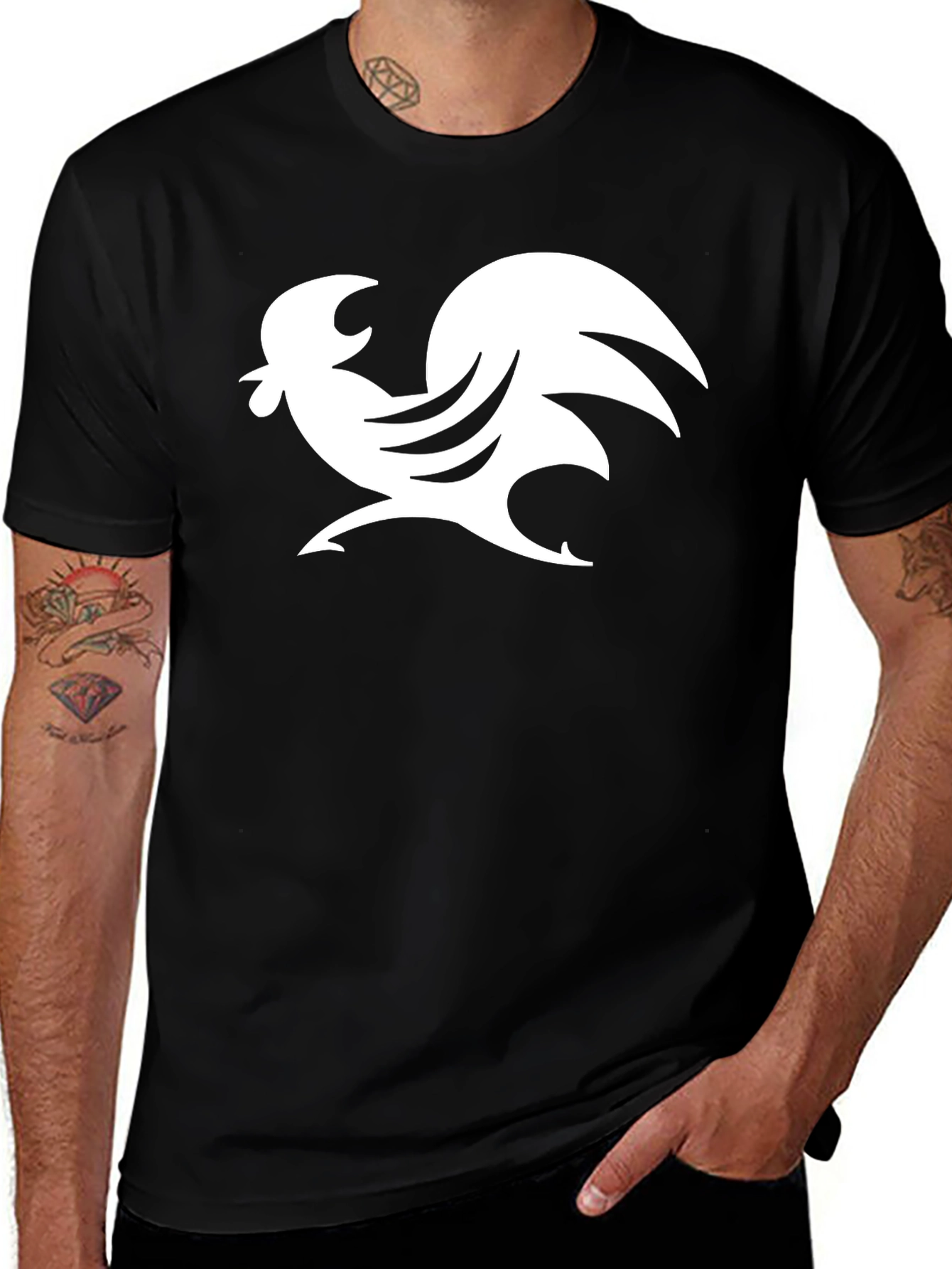 Black T-Shirt with Rooster Graphic Print