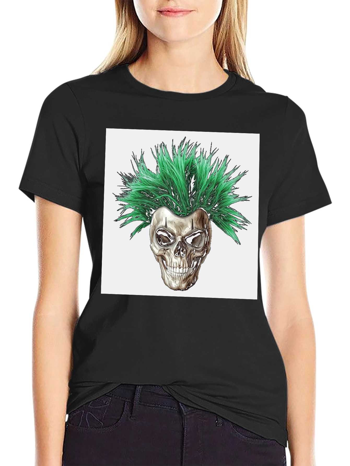 Skull with Green Hair Graphic T-Shirt