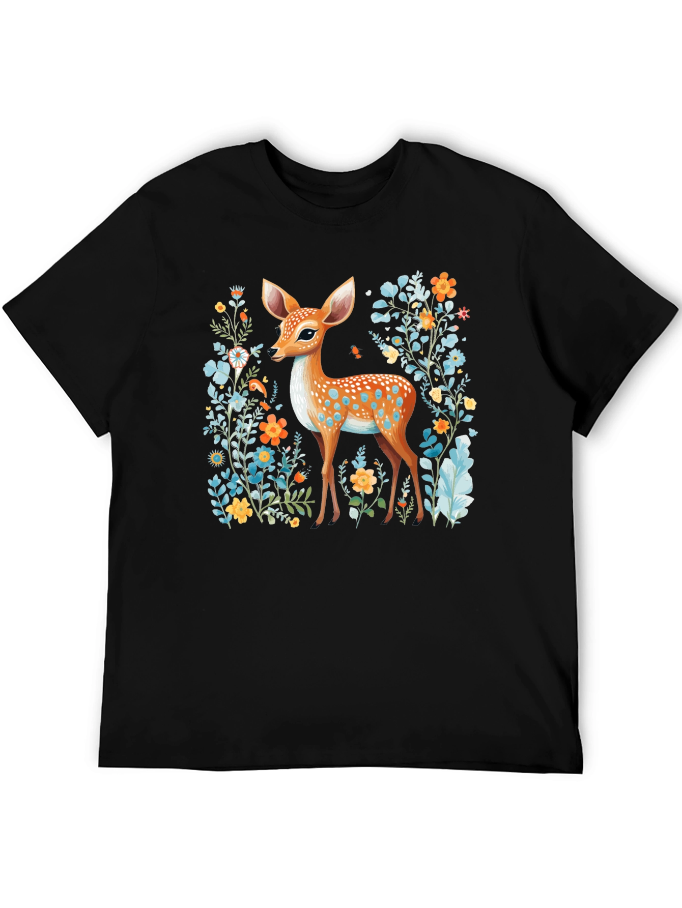 Deer in Floral Black T-Shirt