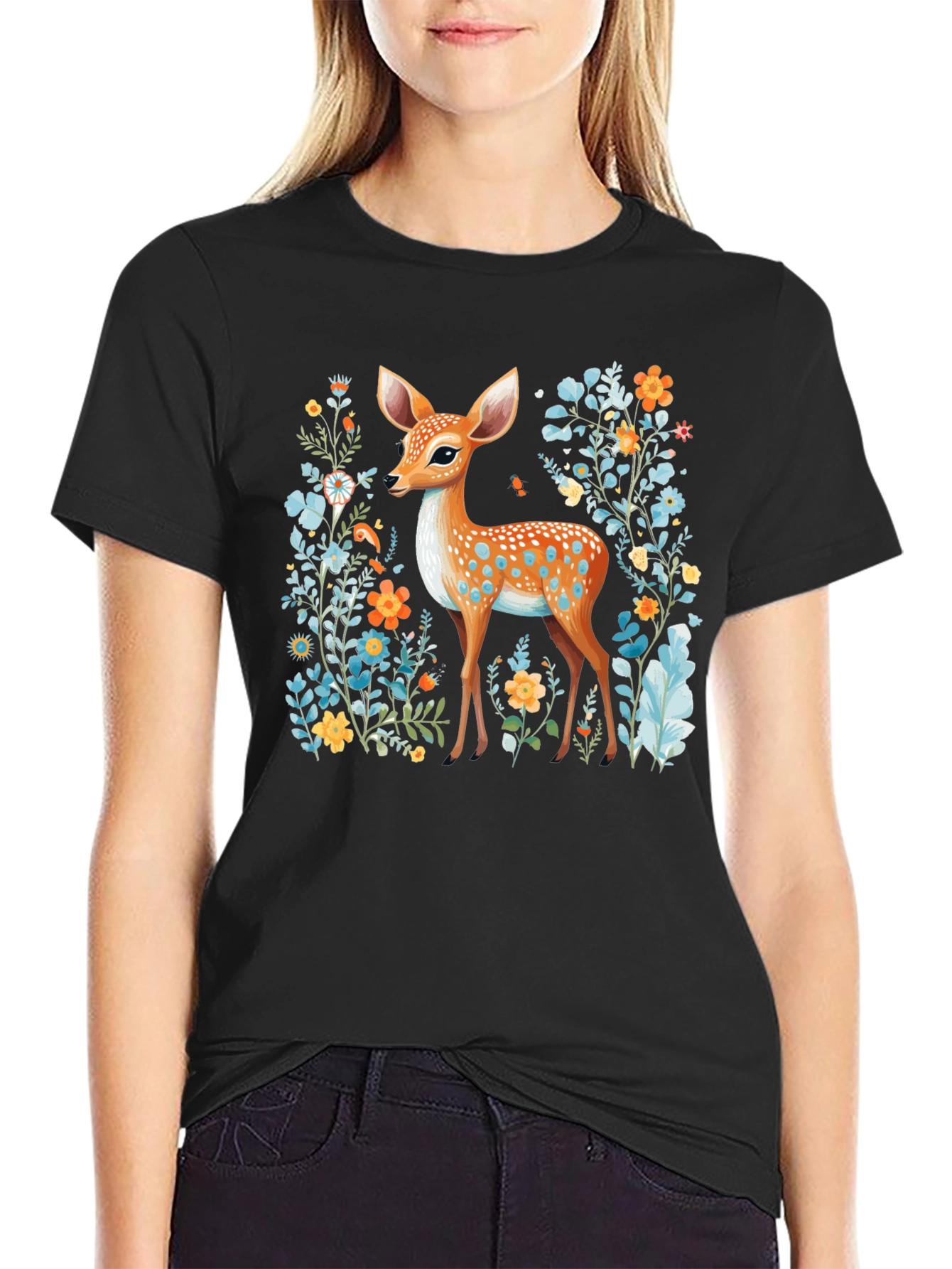 Deer in Floral Black T-Shirt