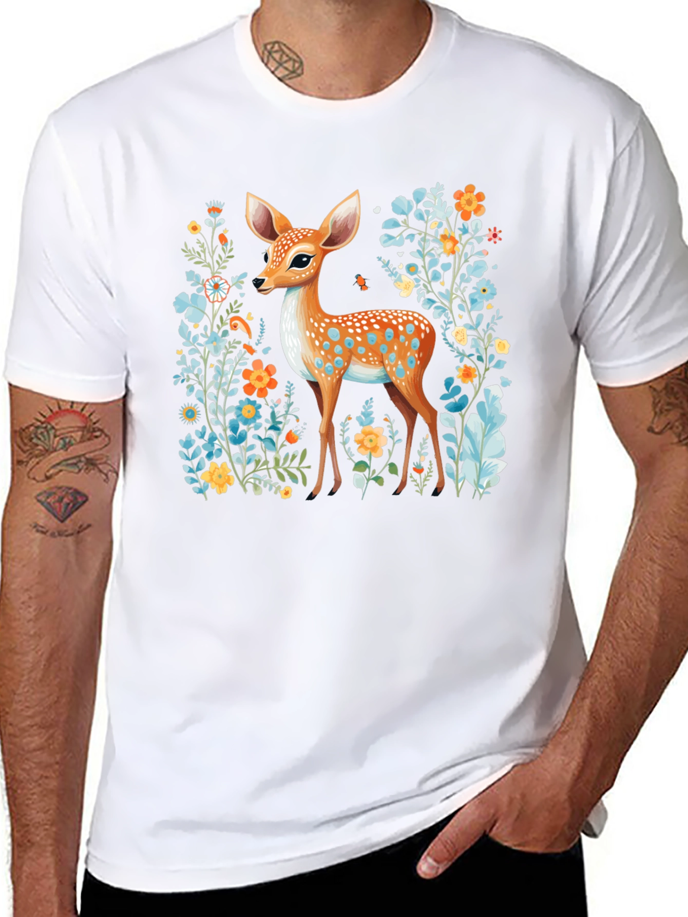 Deer in Floral Black T-Shirt