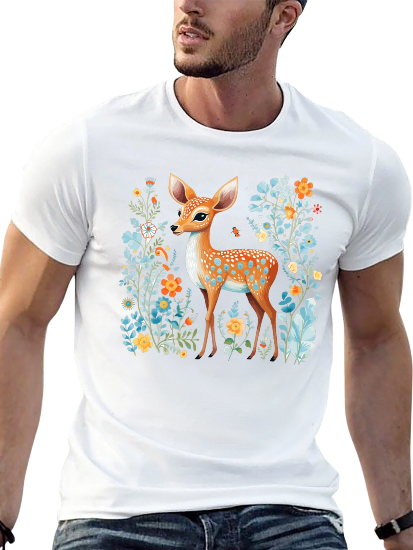 Deer in Floral Black T-Shirt