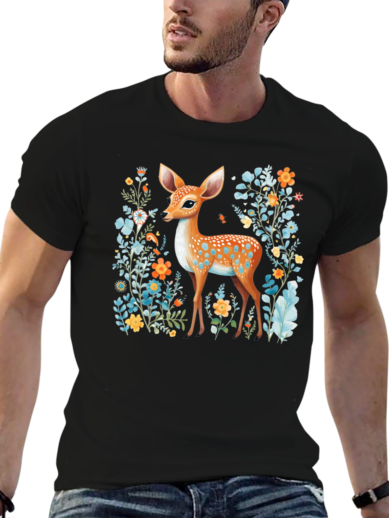 Deer in Floral Black T-Shirt