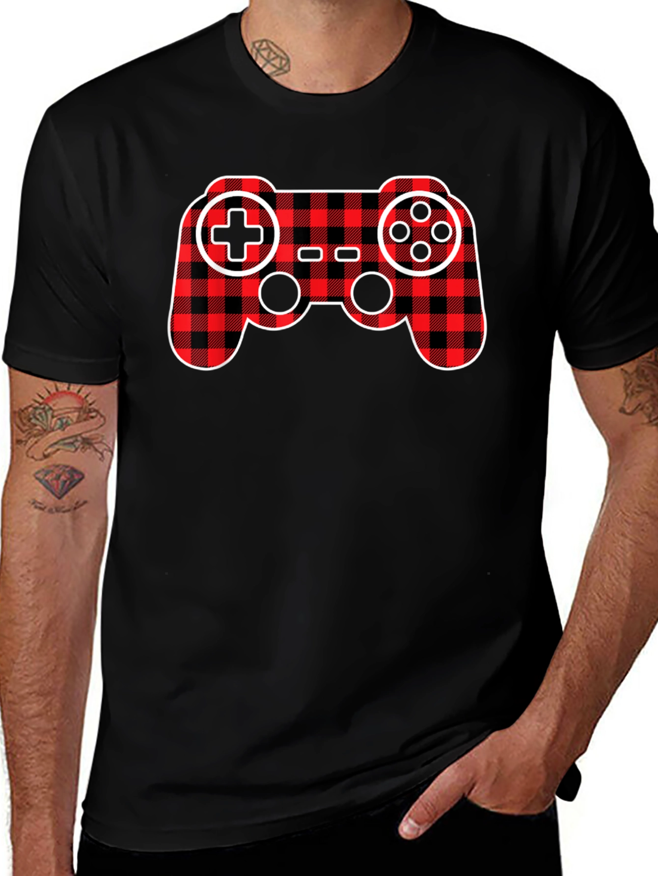Plaid Game Controller Black T-Shirt