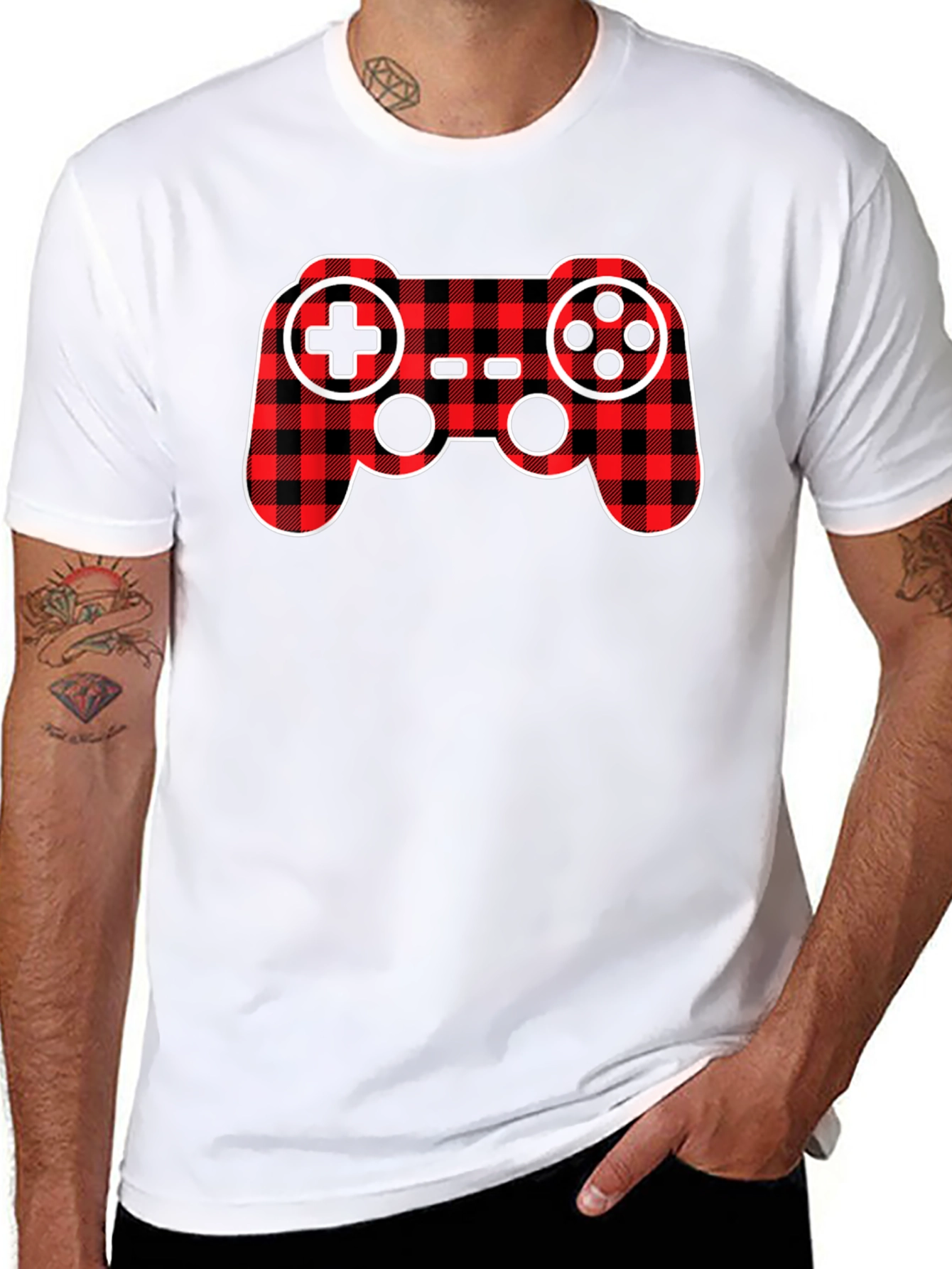 Plaid Game Controller Black T-Shirt