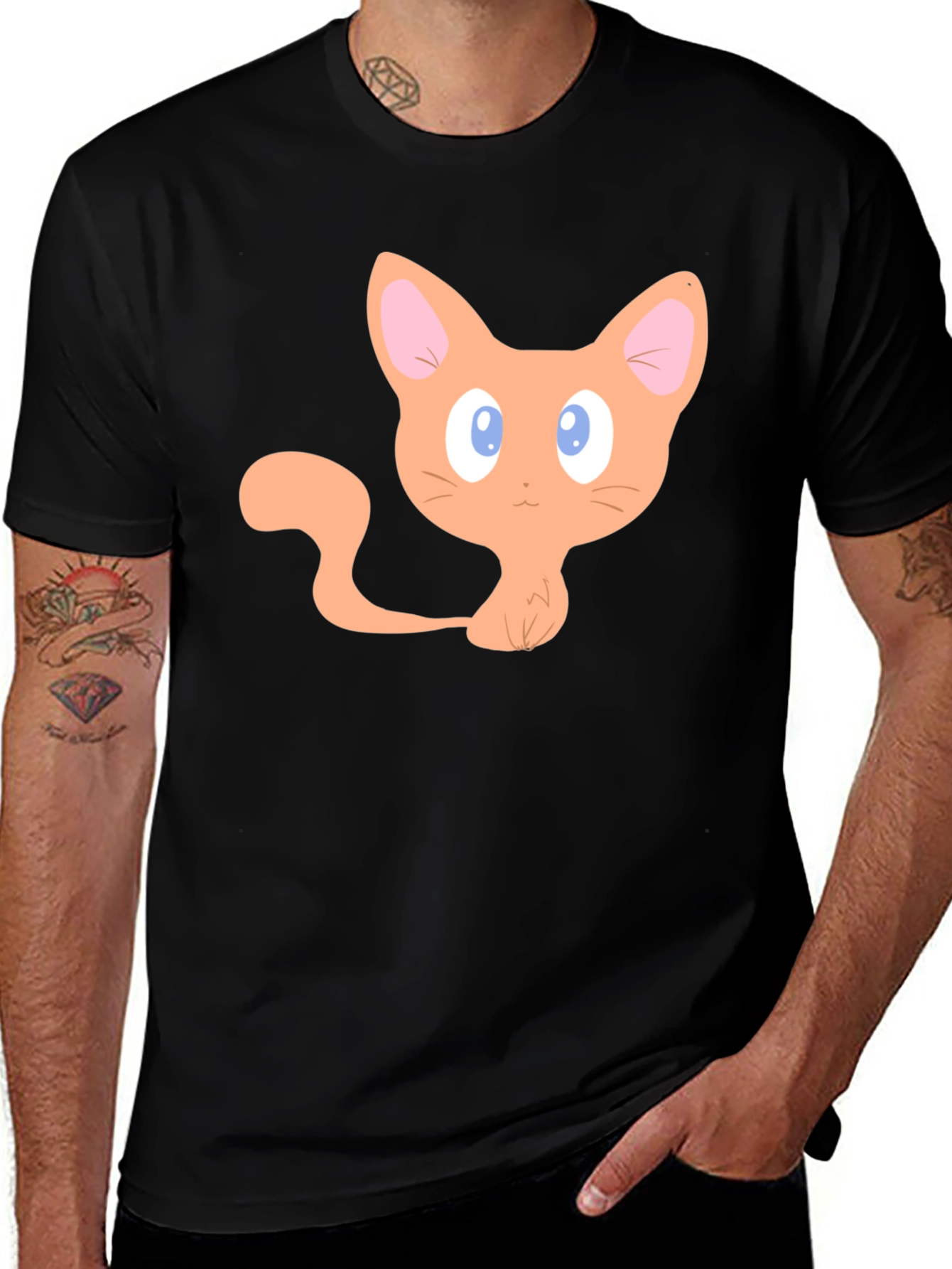 Cute Cartoon Cat Graphic T-Shirt - Black