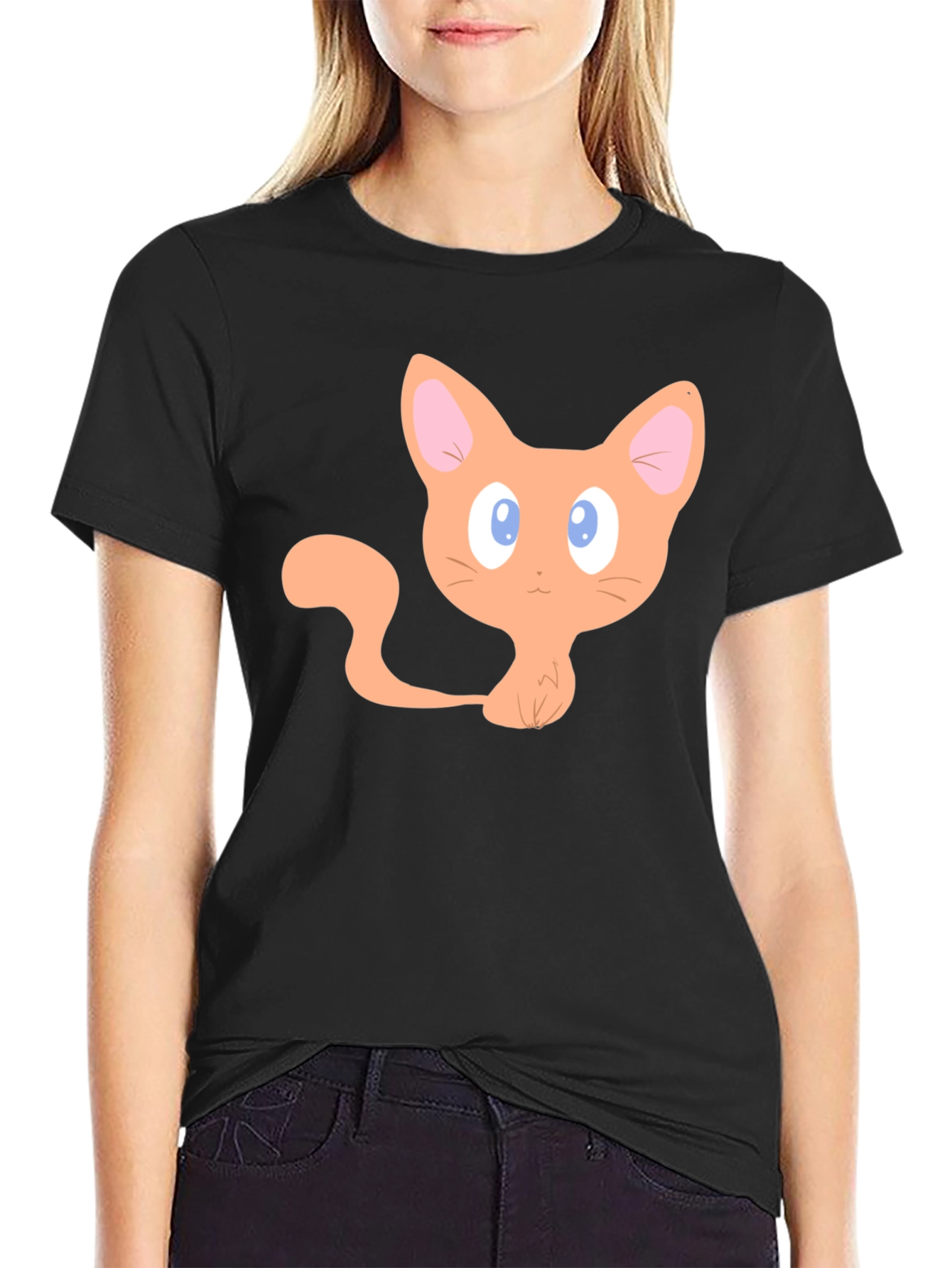 Cute Cartoon Cat Graphic T-Shirt - Black