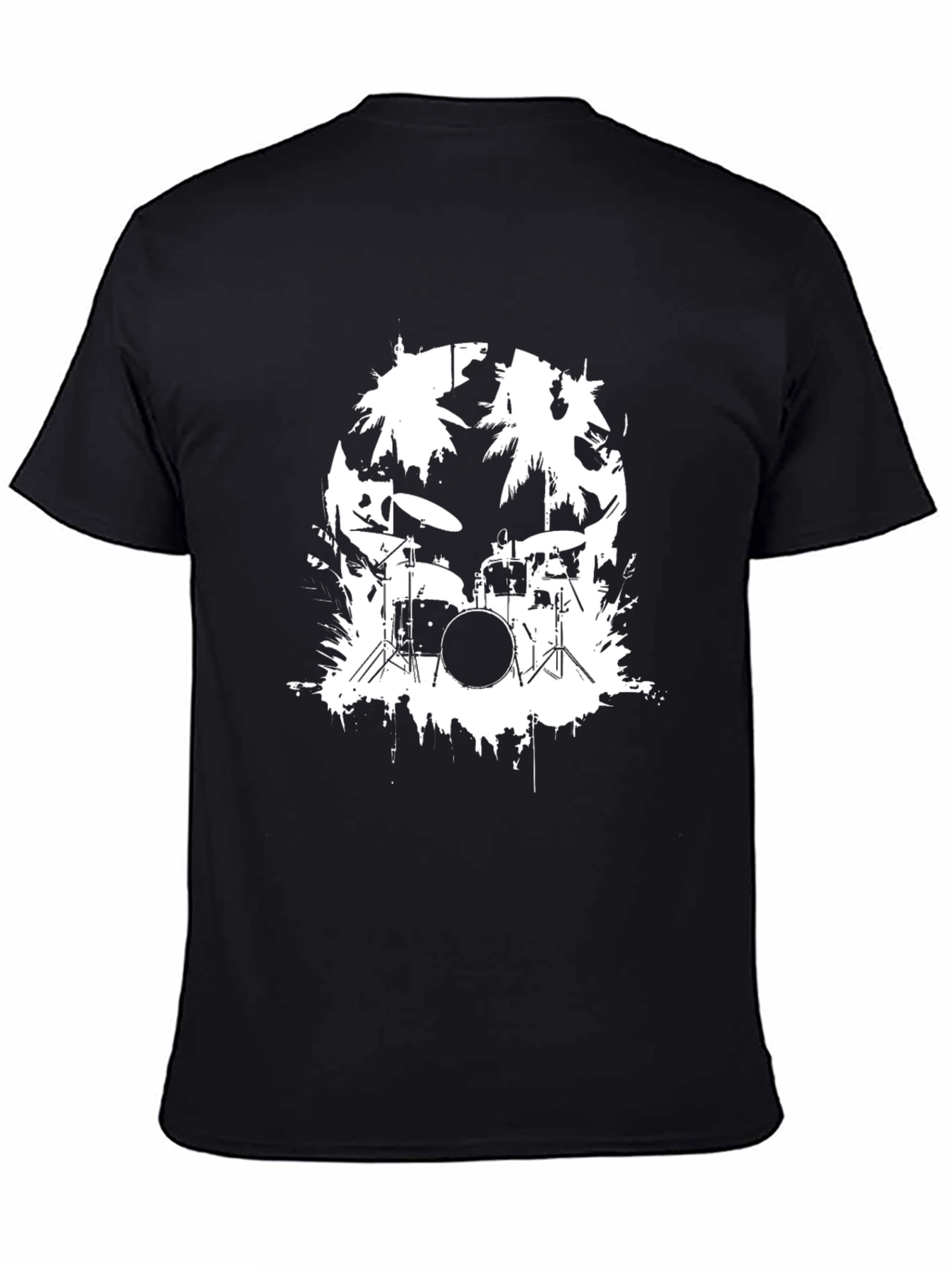 Black T-Shirt with Drum Kit and Palm Tree Design