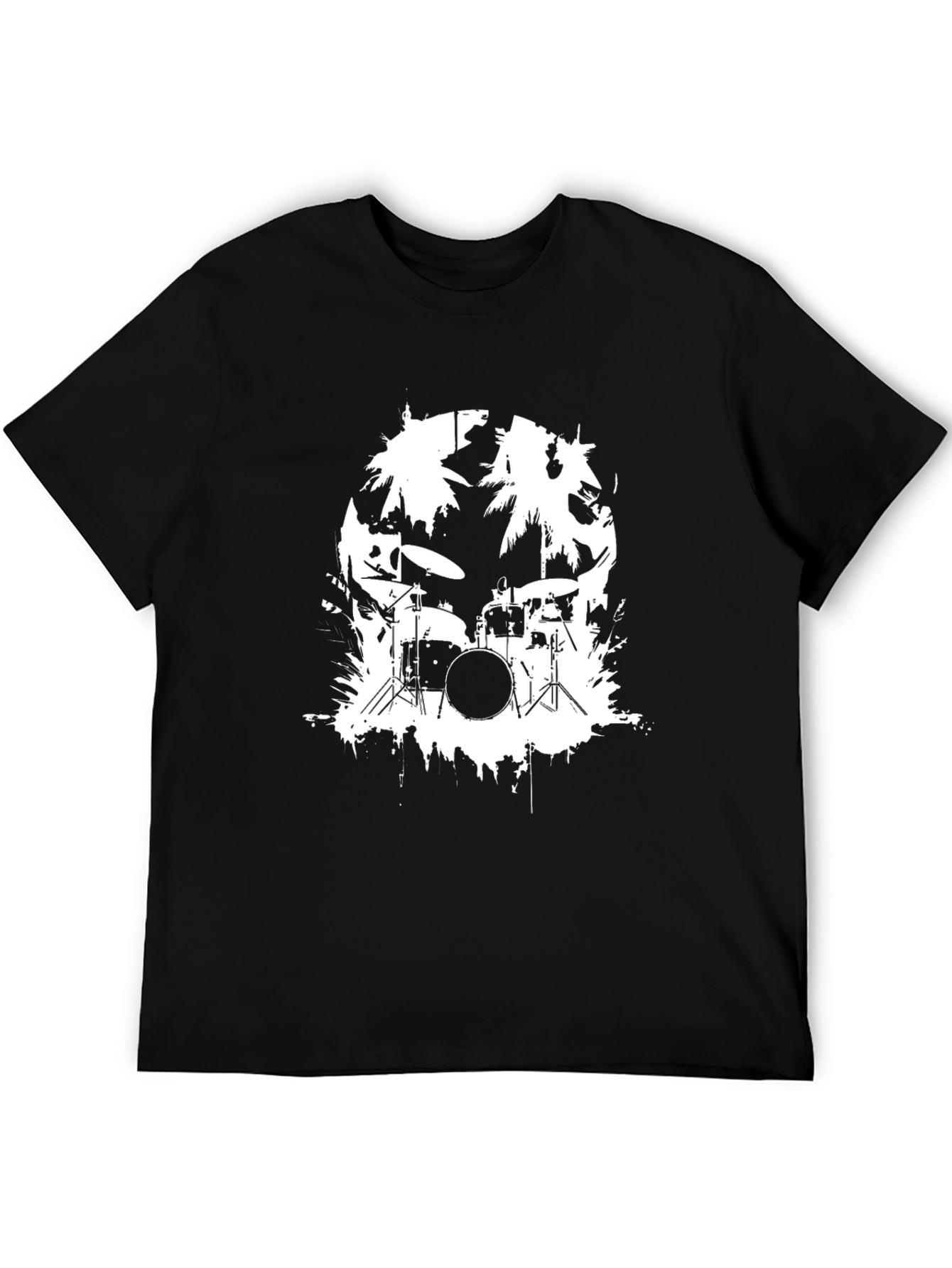 Black T-Shirt with Drum Kit and Palm Tree Design