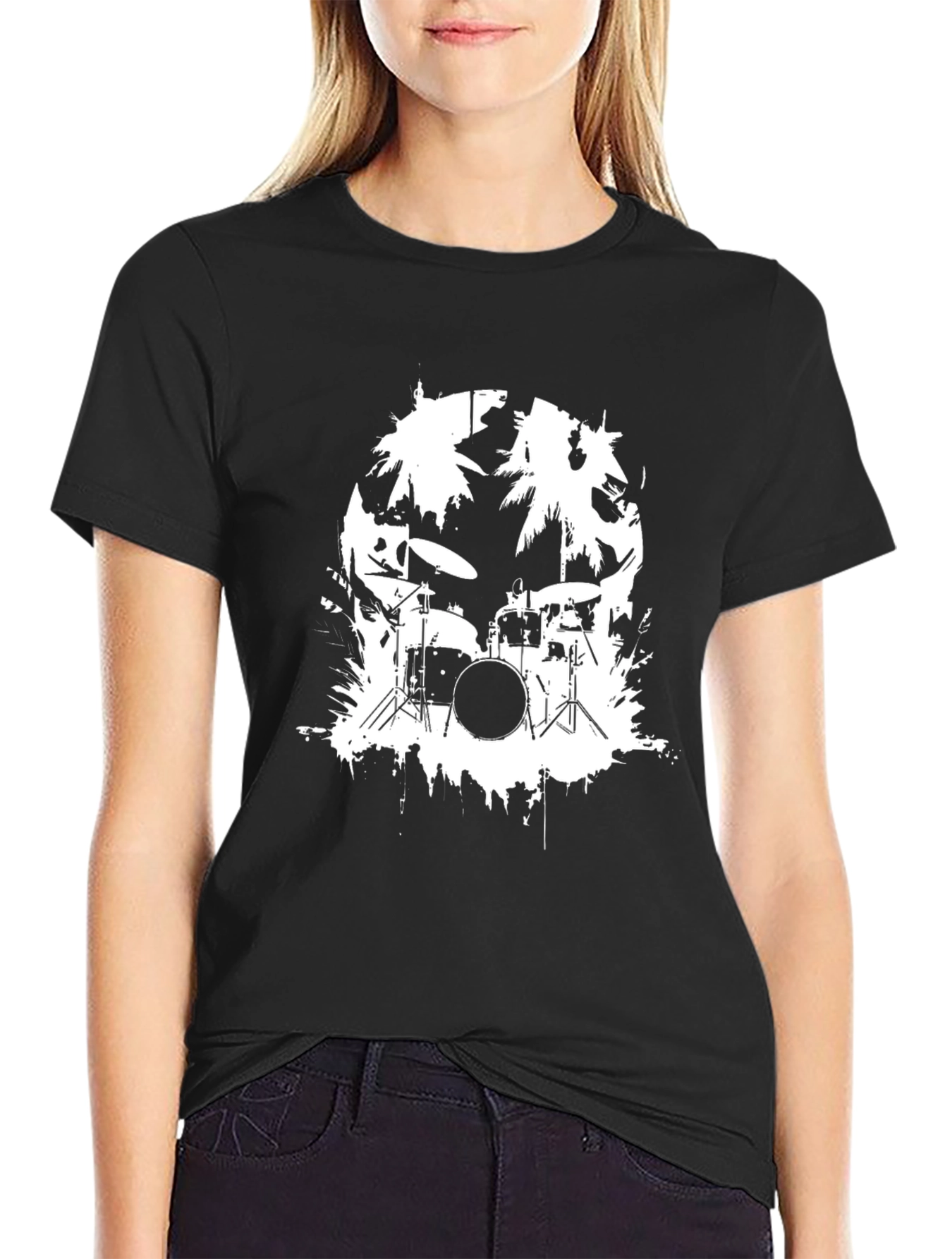 Black T-Shirt with Drum Kit and Palm Tree Design
