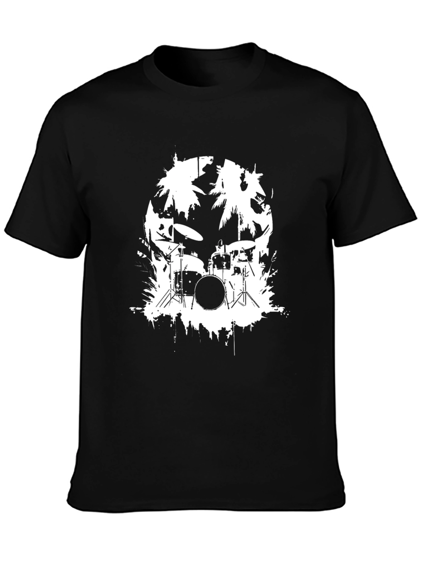 Black T-Shirt with Drum Kit and Palm Tree Design