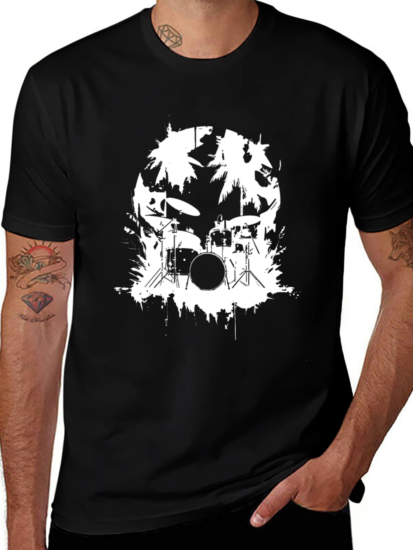 Black T-Shirt with Drum Kit and Palm Tree Design