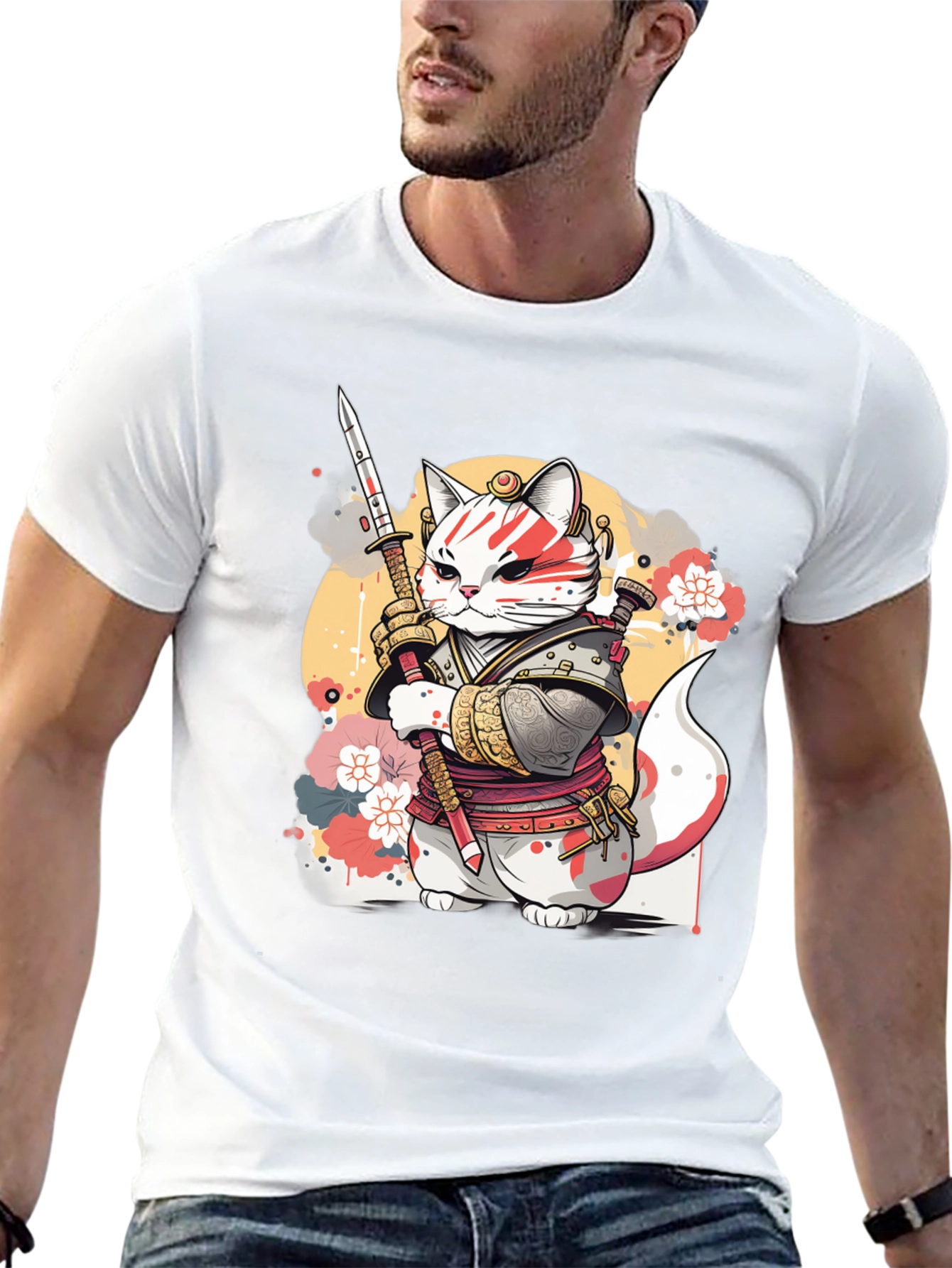 Samurai Cat Graphic Tee - Unique Anime Style