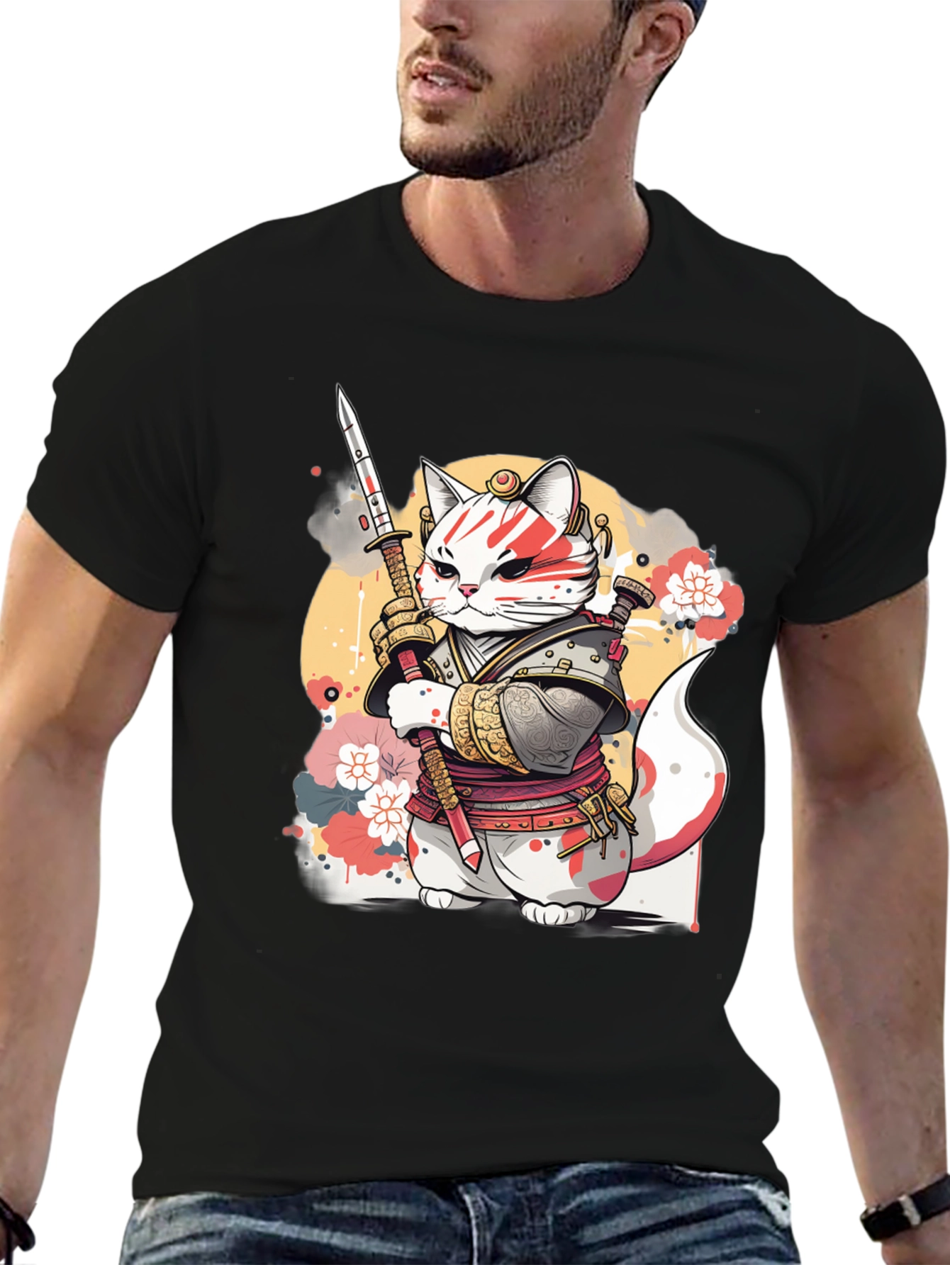 Samurai Cat Graphic Tee - Unique Anime Style