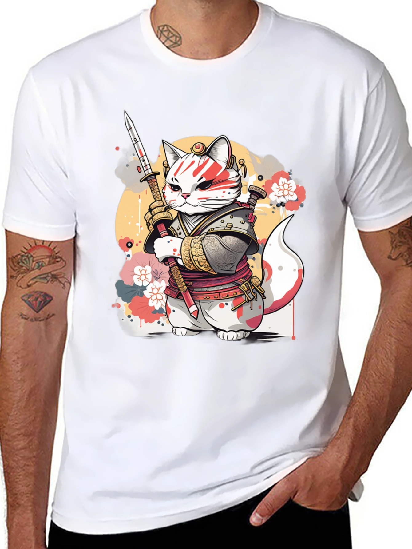 Samurai Cat Graphic Tee - Unique Anime Style